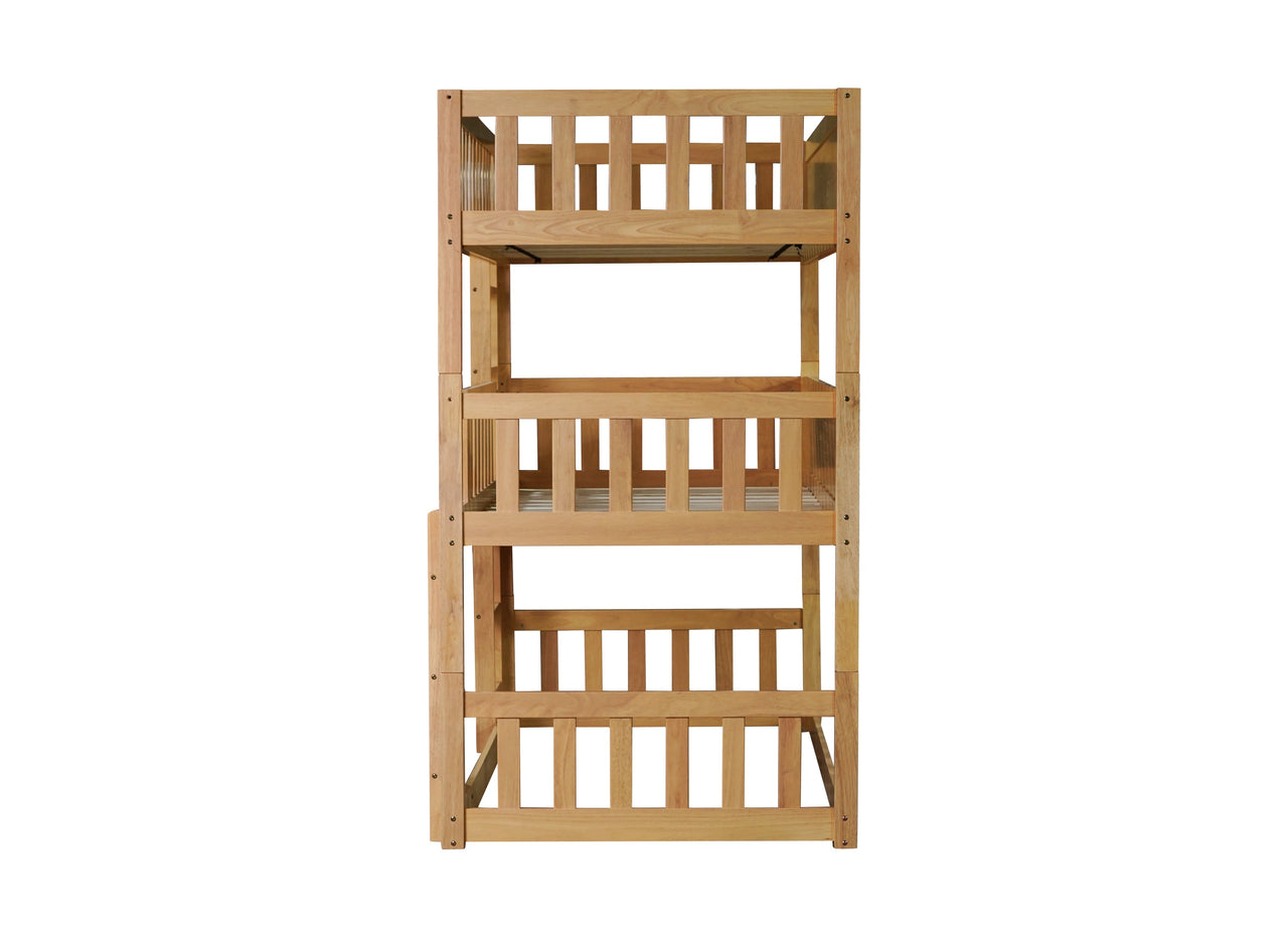Twin Size Triple Rubber Wood Bunk Bed, with Ladders, Guardrails Detachable Bunk Bed, Twin over Twin over Twin,Natural