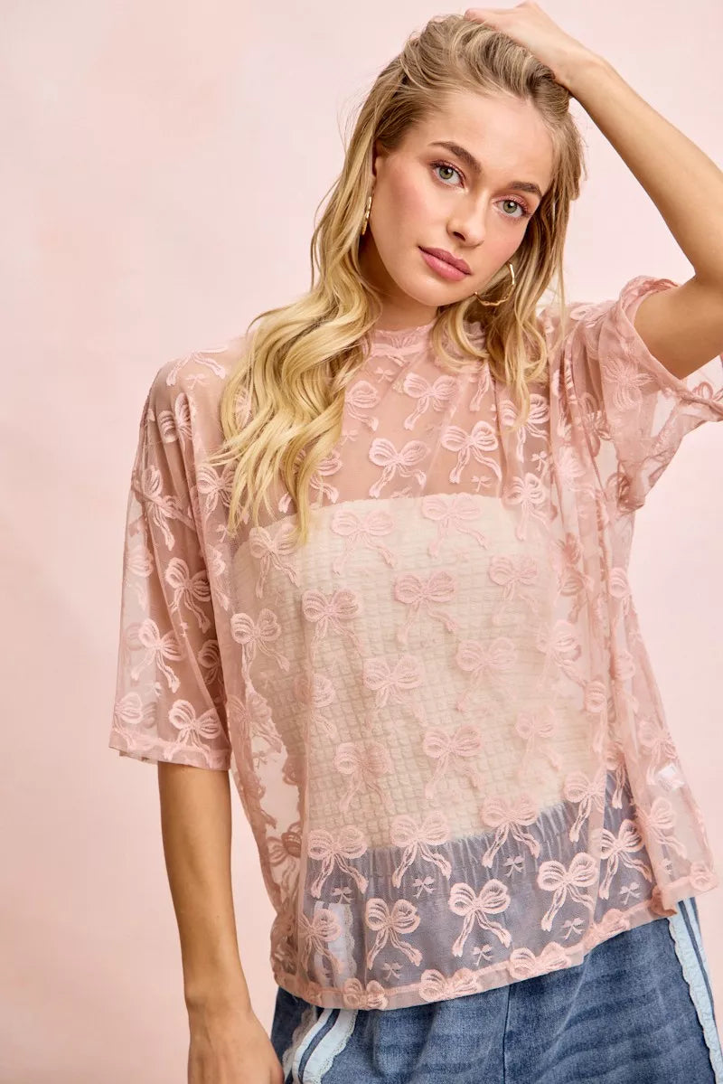 BiBi Bow Pattern Short Sleeves Boxy Mesh Top