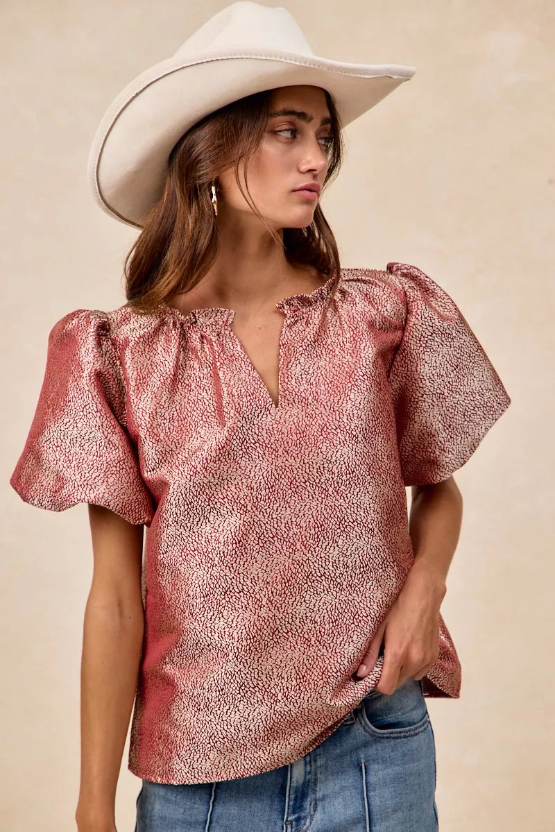 BiBi Jacquard Woven Short Balloon Sleeves V Neck Top