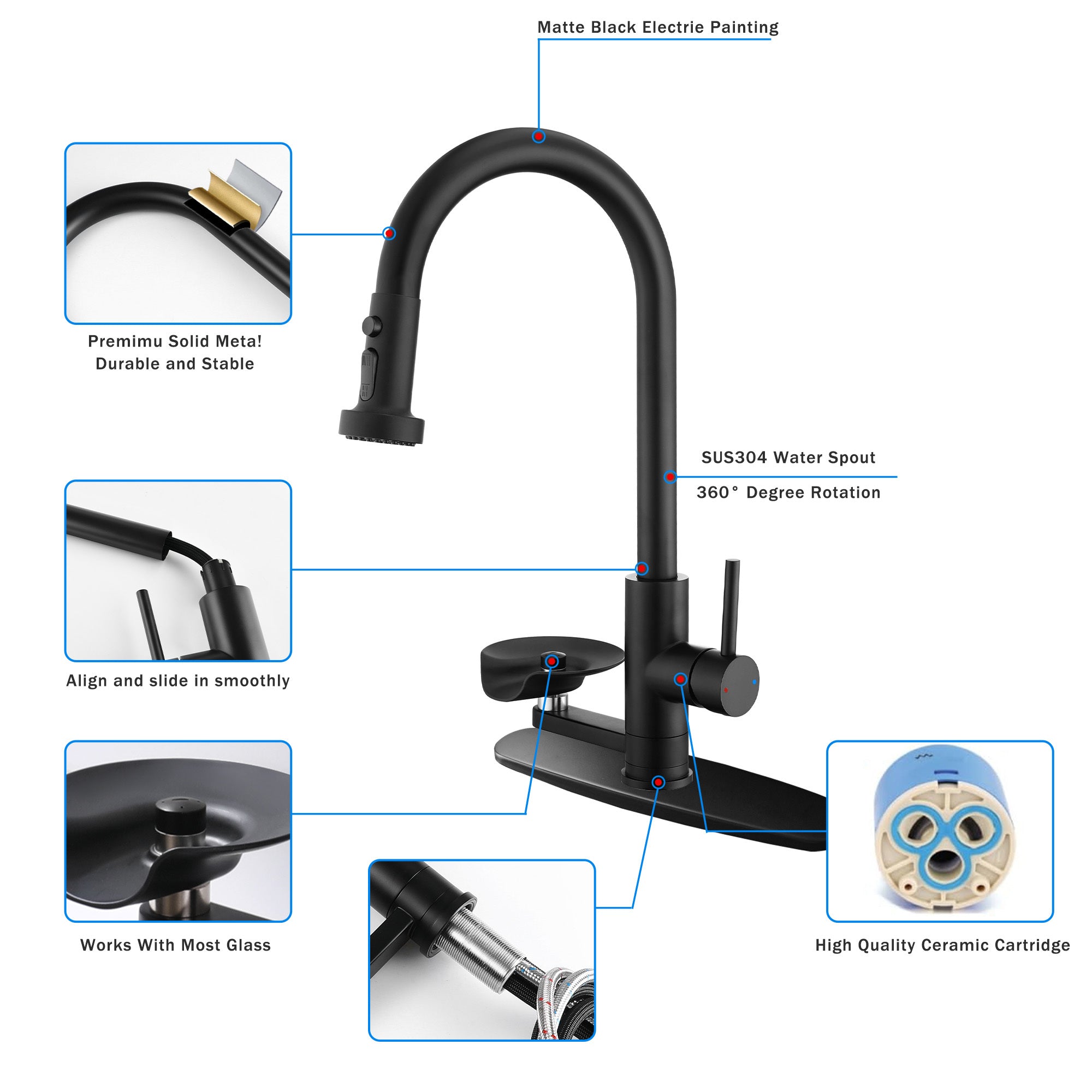 3-in-1 High-Arc Kitchen Faucet with Press-Type Glass Rinser, Pull-Down Sprayer, Matte Black Finish, Stainless Steel & ABS Construction, for Modern Sink