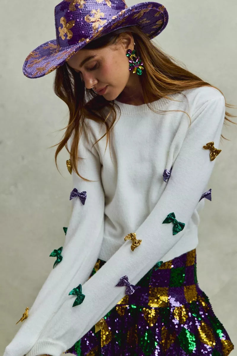 SO ME Mardi Gras Glitter Bow Ribbon Sweater Knit Top
