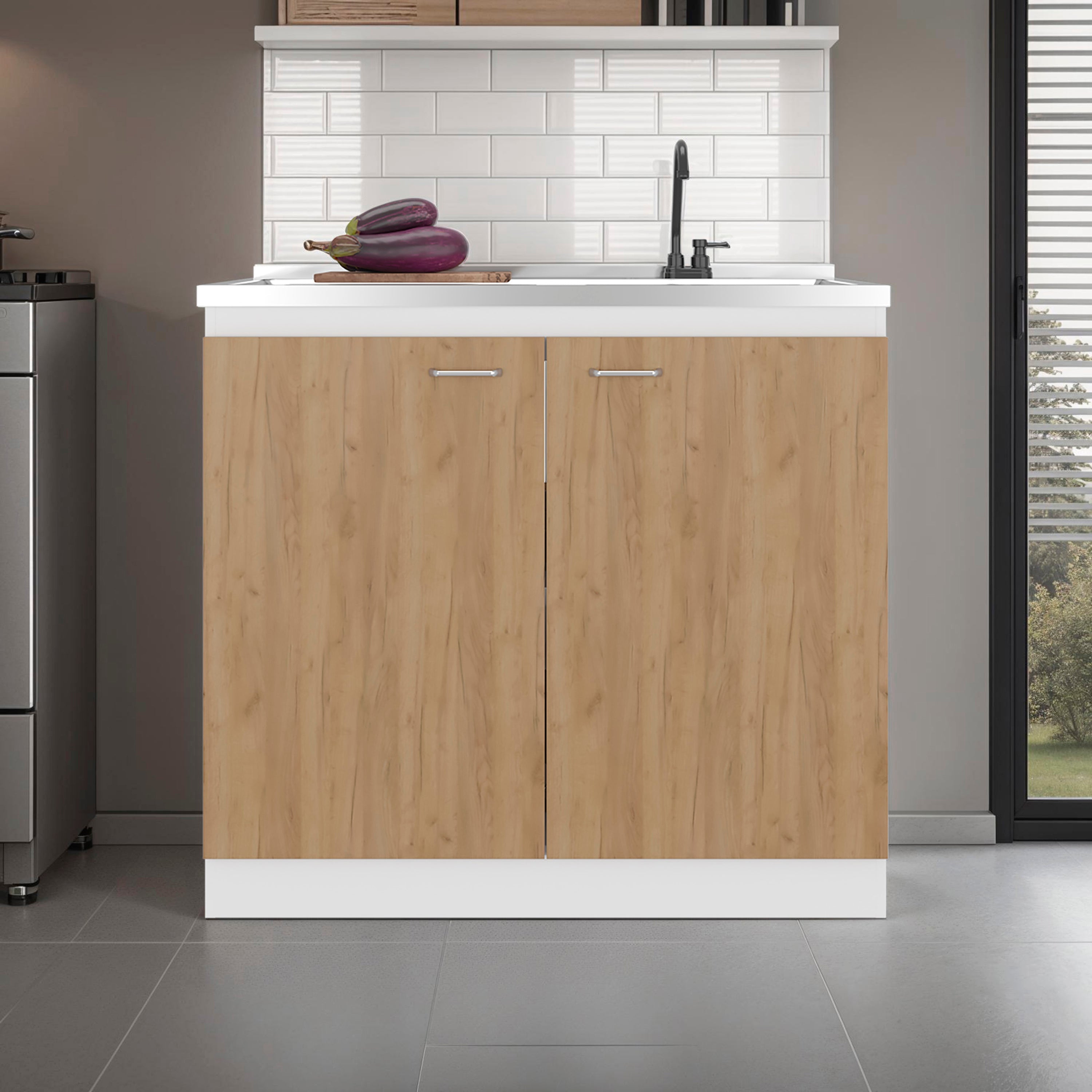 Salento Freestanding Sink, Double Door Cabinet, Two Shelves, White / Natural Oak