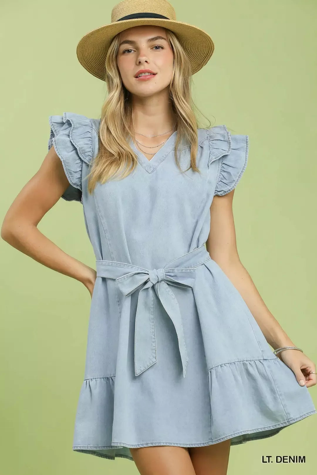 Umgee Chambray Ruffled Denim Dress with Side Pockets