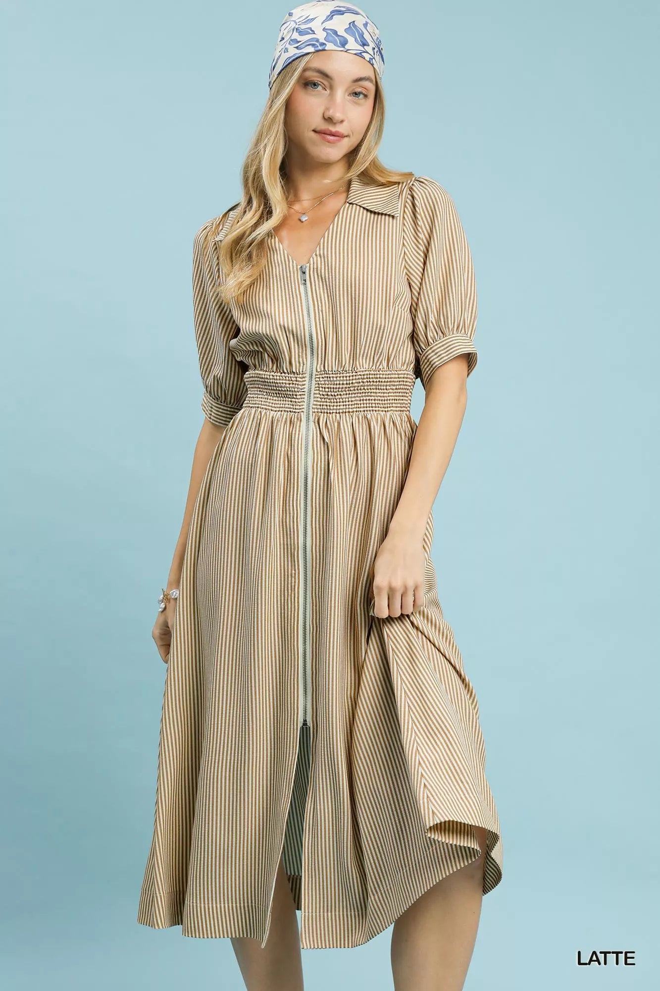 Umgee Striped Midi Dress with Front Zipper