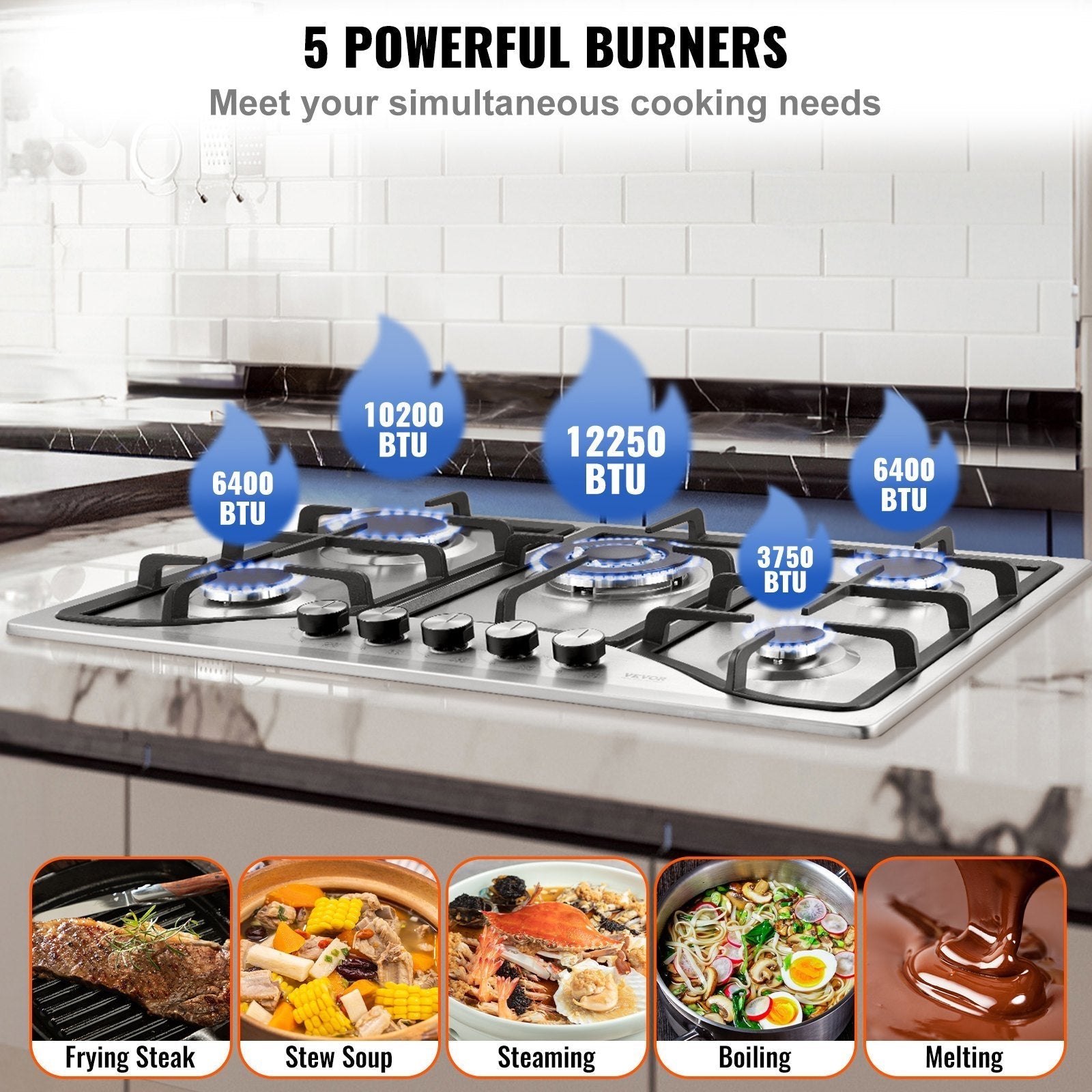 Gas Cooktop 30 inch, Max 12250BTU 5 Burners Built-in Stainless Steel Gas Stove Top, LPG/NG Convertible Dual Fuel Natural Gas Hob with Thermocouple Protection
