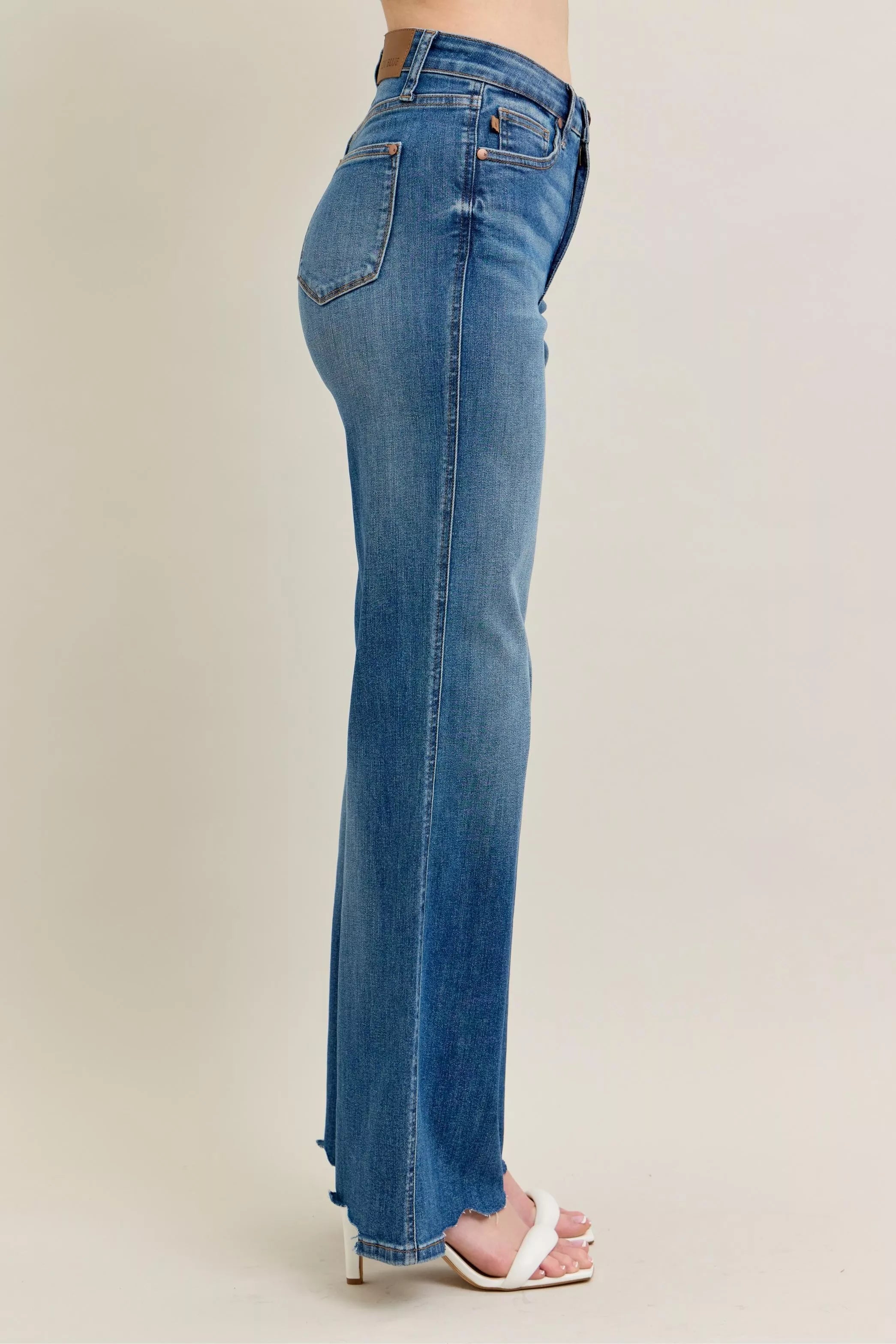 Judy Blue Full Size High Waist Tummy Control Chew Hem Destroyed Wide Jeans Plus Size