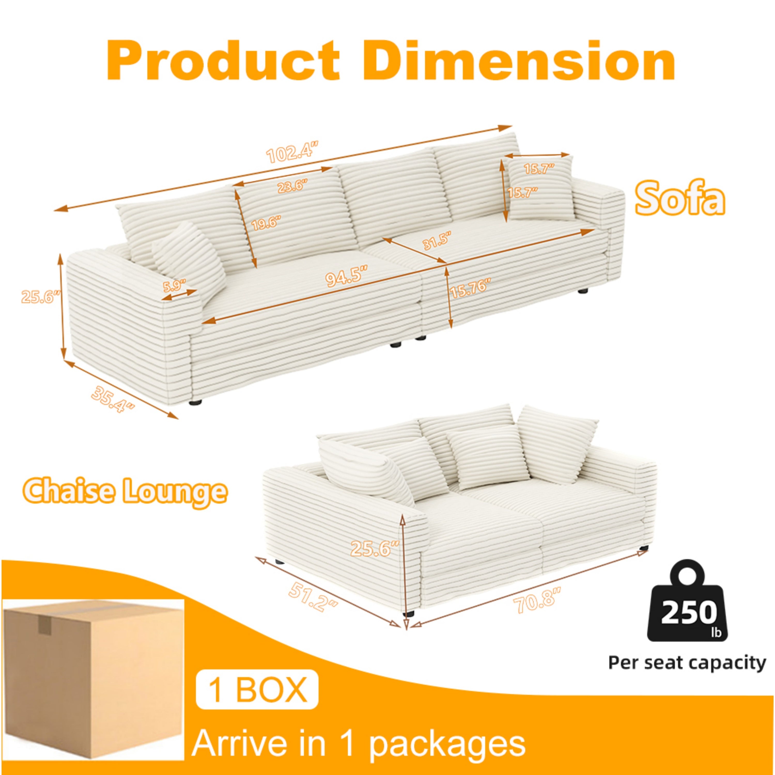 102.4 'Plush Corduroy 4-Seat Sofa,Modern Comfy Upholstered Sofa Cloud Couch,Deep Seat Couches with Soft Pillows and Movable Ottoman,Convertible Sofa Lounge Chair,for Living Room,Apartment,Office,Beige