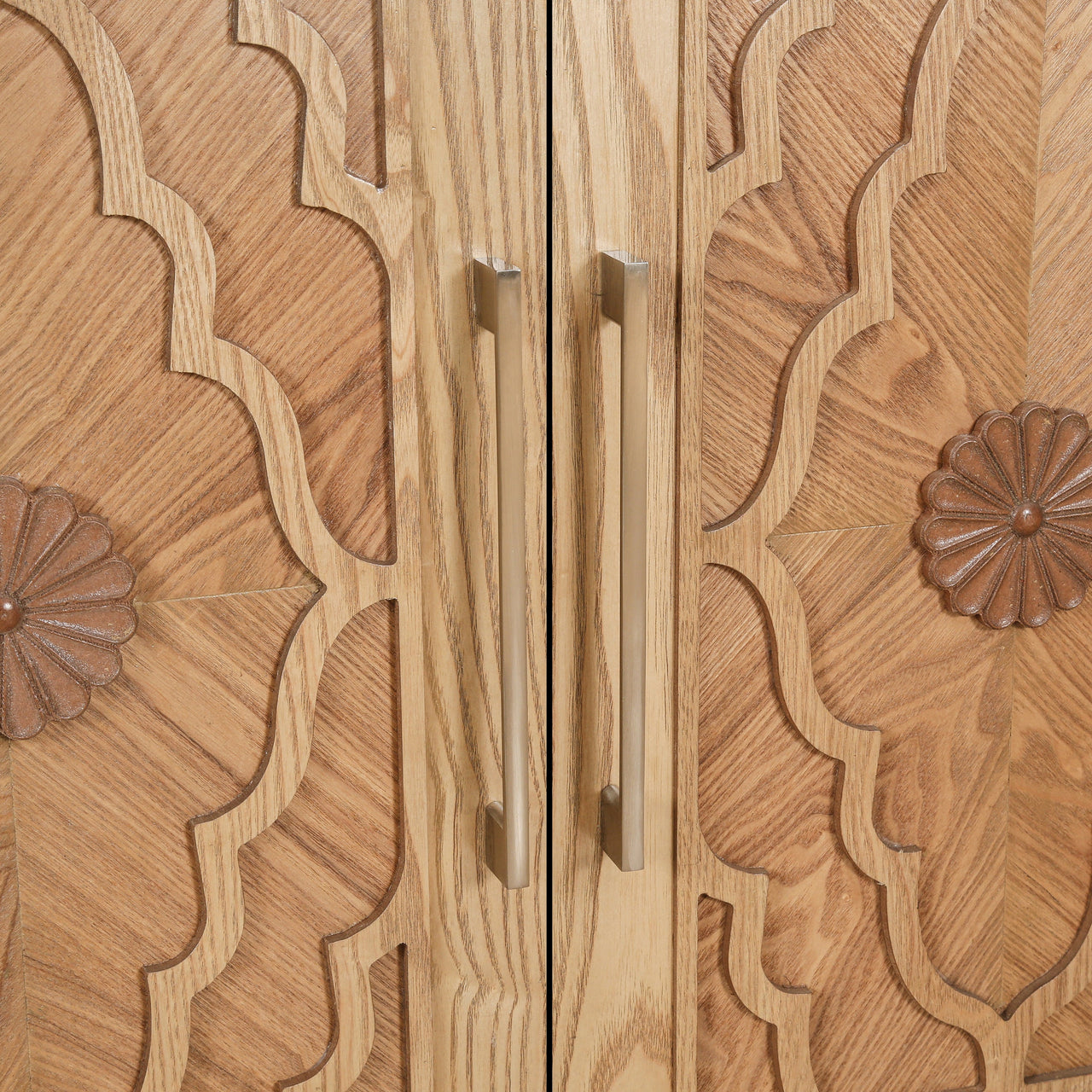 Carved Flower Door Large Storage Cabinet With Metal Handle Suitable For Living Room, Kitchen, Entryway(NATURAL WOOD)