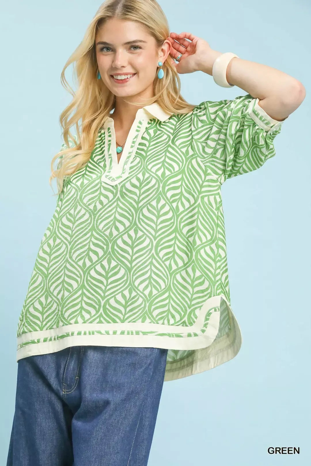 Umgee Geometric Leaf Print Popover Top
