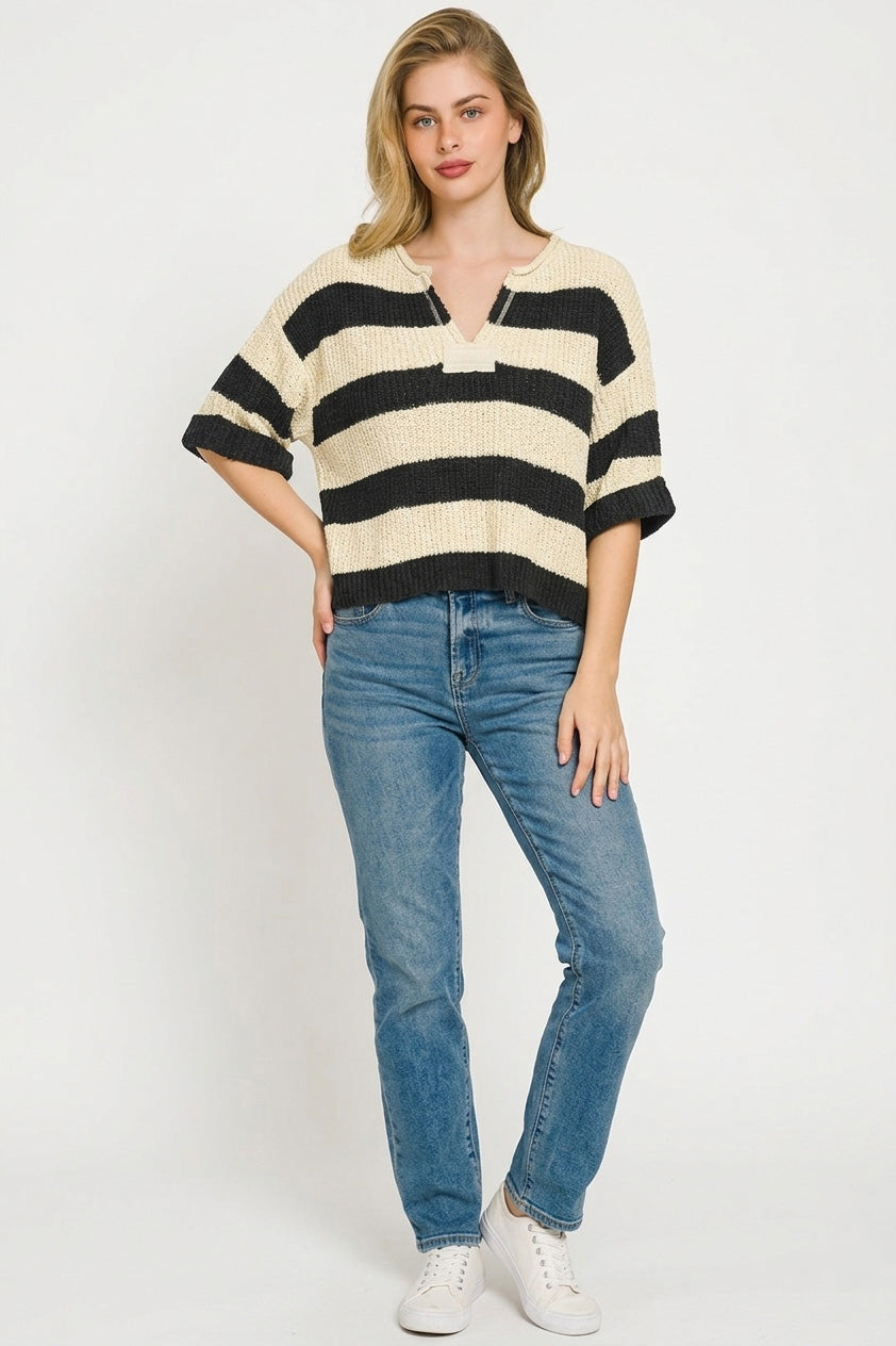 Zenana Split Neck Stripe Sweater