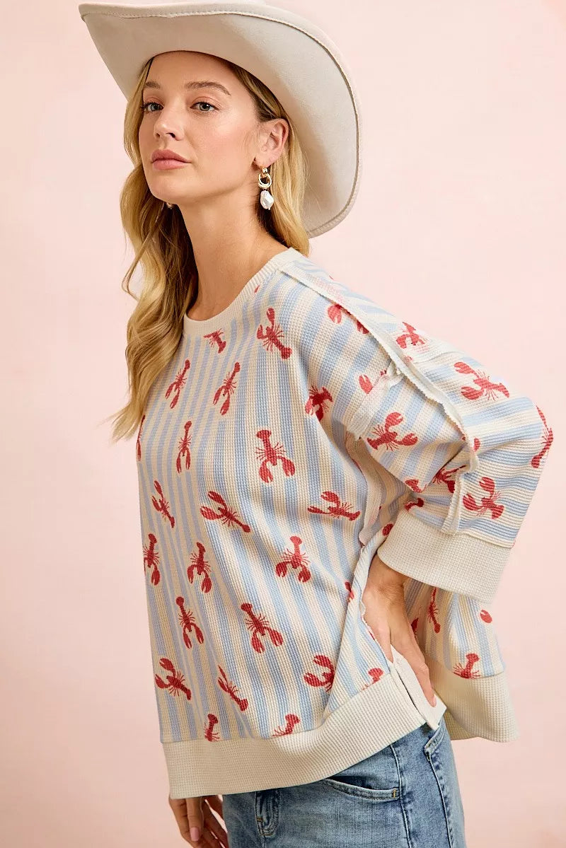 BiBi 4th Of July Lobsters Stripe Waffle Knit Sleeve Top