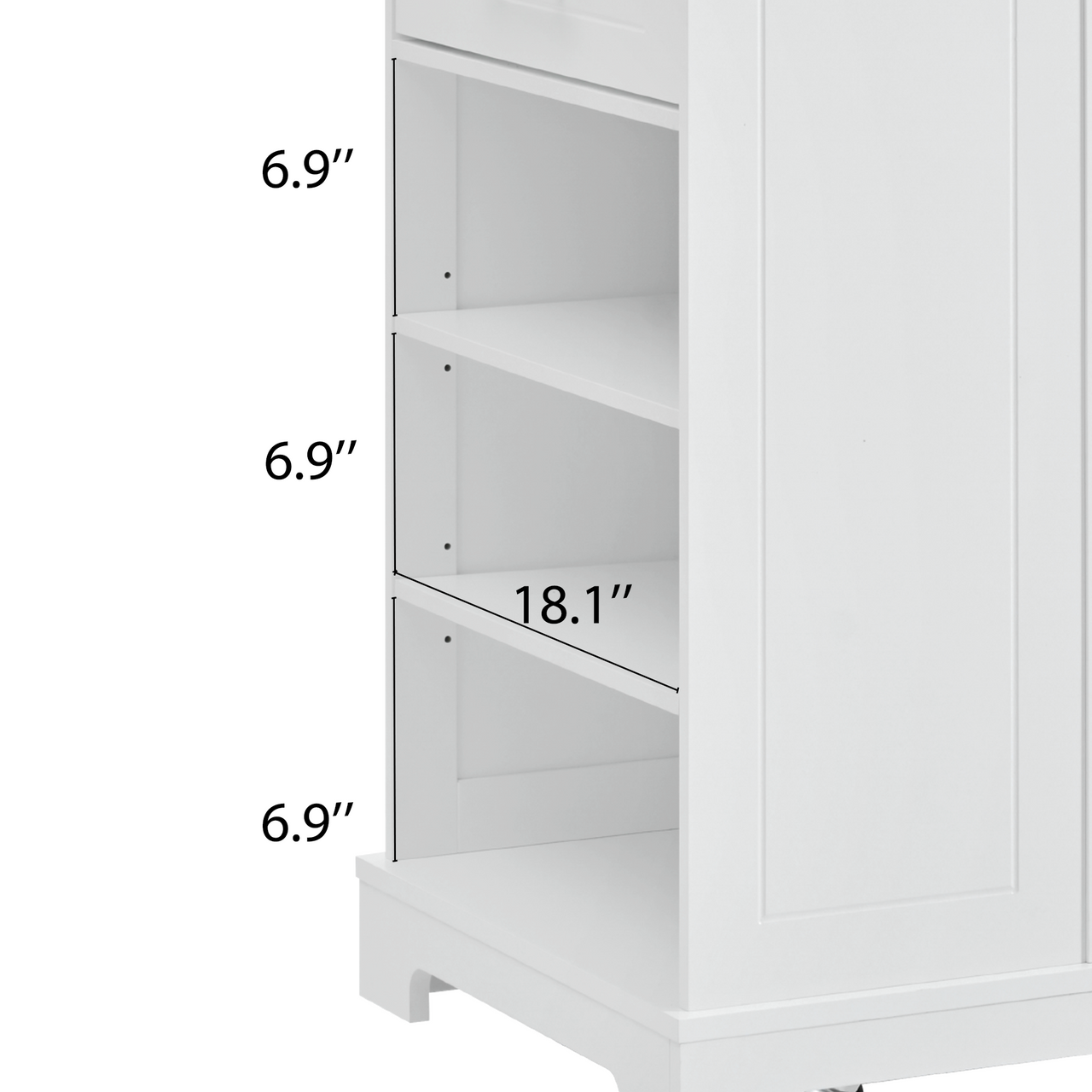 K&K Fluted Kitchen Island with Trash Can Storage Cabinet, Power Outlet, Internal Storage Rack, Rolling Kitchen Islands on 5 Wheels with 3 Drawer, 3 Open Side Racks for 10 Gallon Garbage Bin, White