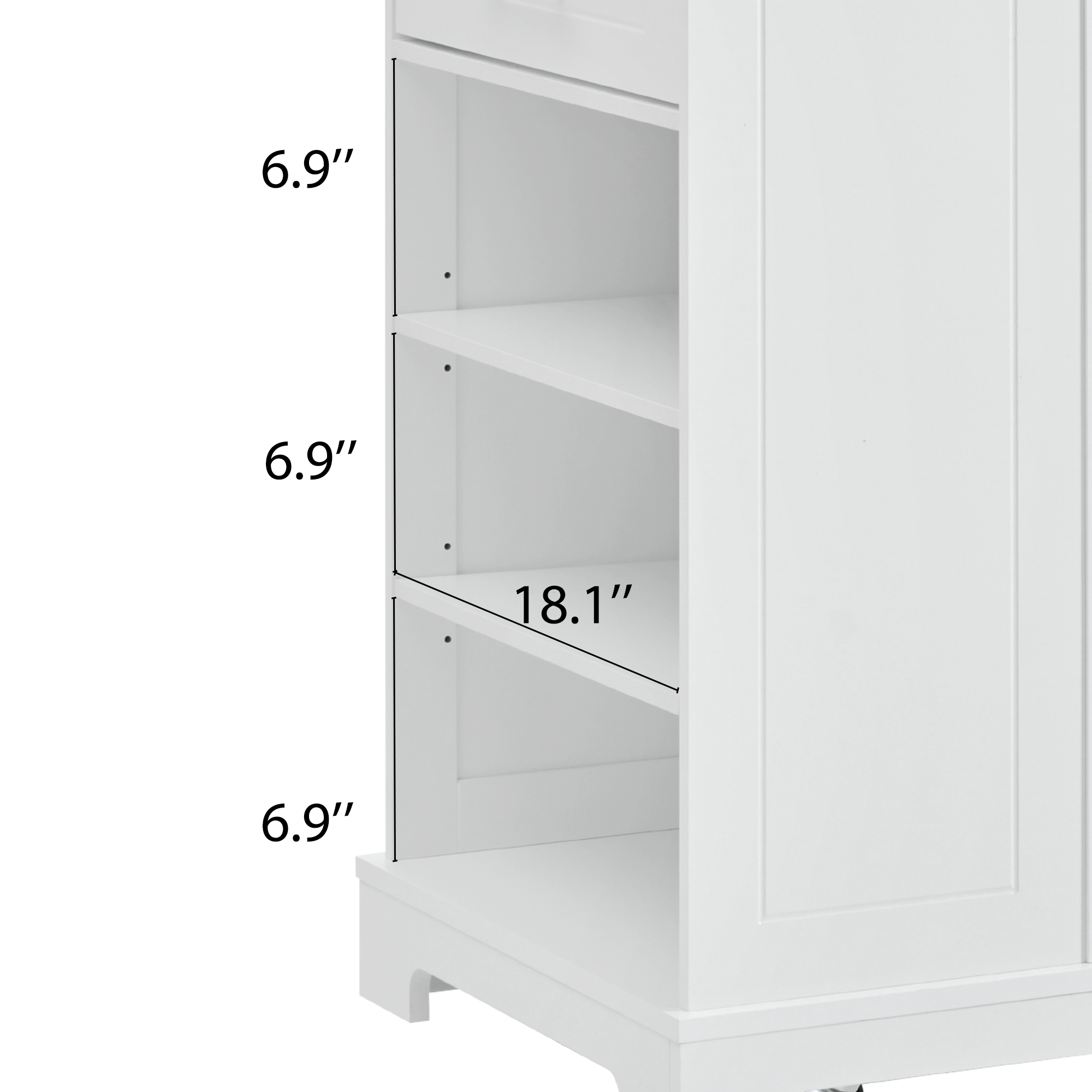 K&K Fluted Kitchen Island with Trash Can Storage Cabinet, Power Outlet, Internal Storage Rack, Rolling Kitchen Islands on 5 Wheels with 3 Drawer, 3 Open Side Racks for 10 Gallon Garbage Bin, White