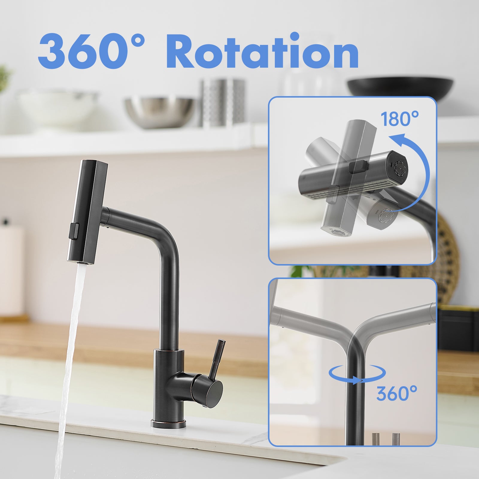 360° Rotation Pull-Down Kitchen Faucet with 3 Spray Modes - Oil Rubbed Bronze /Stainless Steel High-Arc Sink Faucet