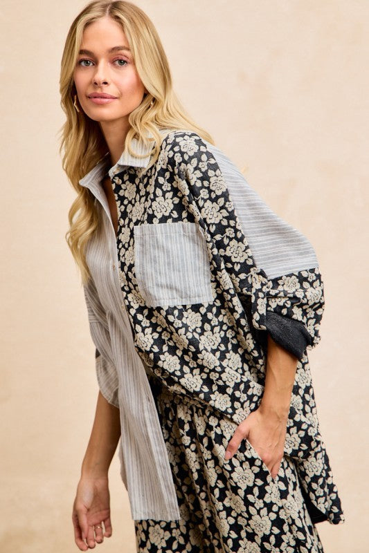 BiBi Stripes Jacquard Floral Mix And Match Shirt Top