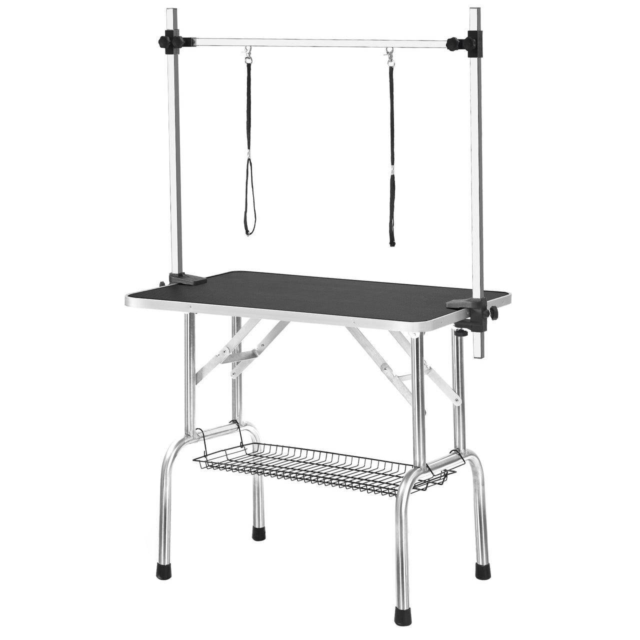 Professional Dog Grooming Table Large Adjustable Heavy Duty Portable with Arm and Noose Mesh Tray in Black Stainless Steel