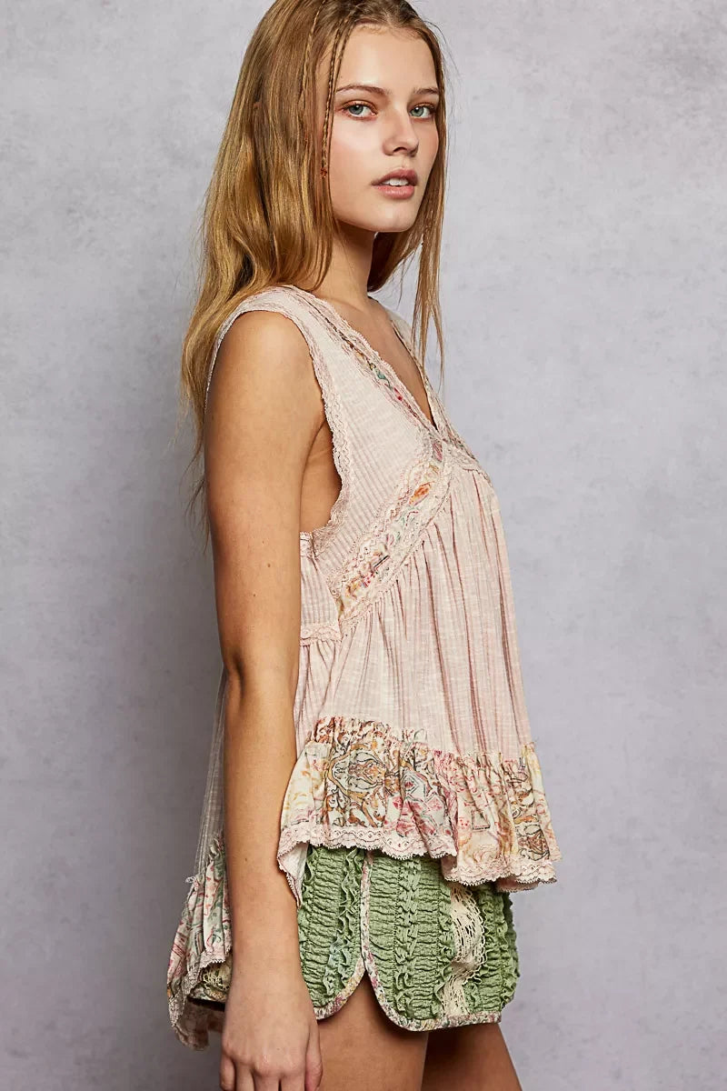POL Lace Detail Ruffled Ribbed Sleeveless Top with Floral Pattern Trim Detail