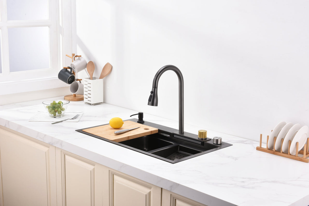 Waterfall Kitchen Sink, Stainless Steel Single Bowl in Black, Multifunctional Workstation with Flying-rain Faucet and Cutting Board, 30×18″ Stainless Steel Single Bowl Sink, LS-SSBL05