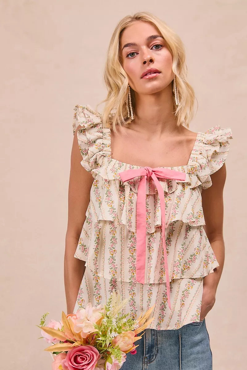 BiBi Floral Printed Woven Front Bow Tied Ruffled Square Neck Sleeveless Top