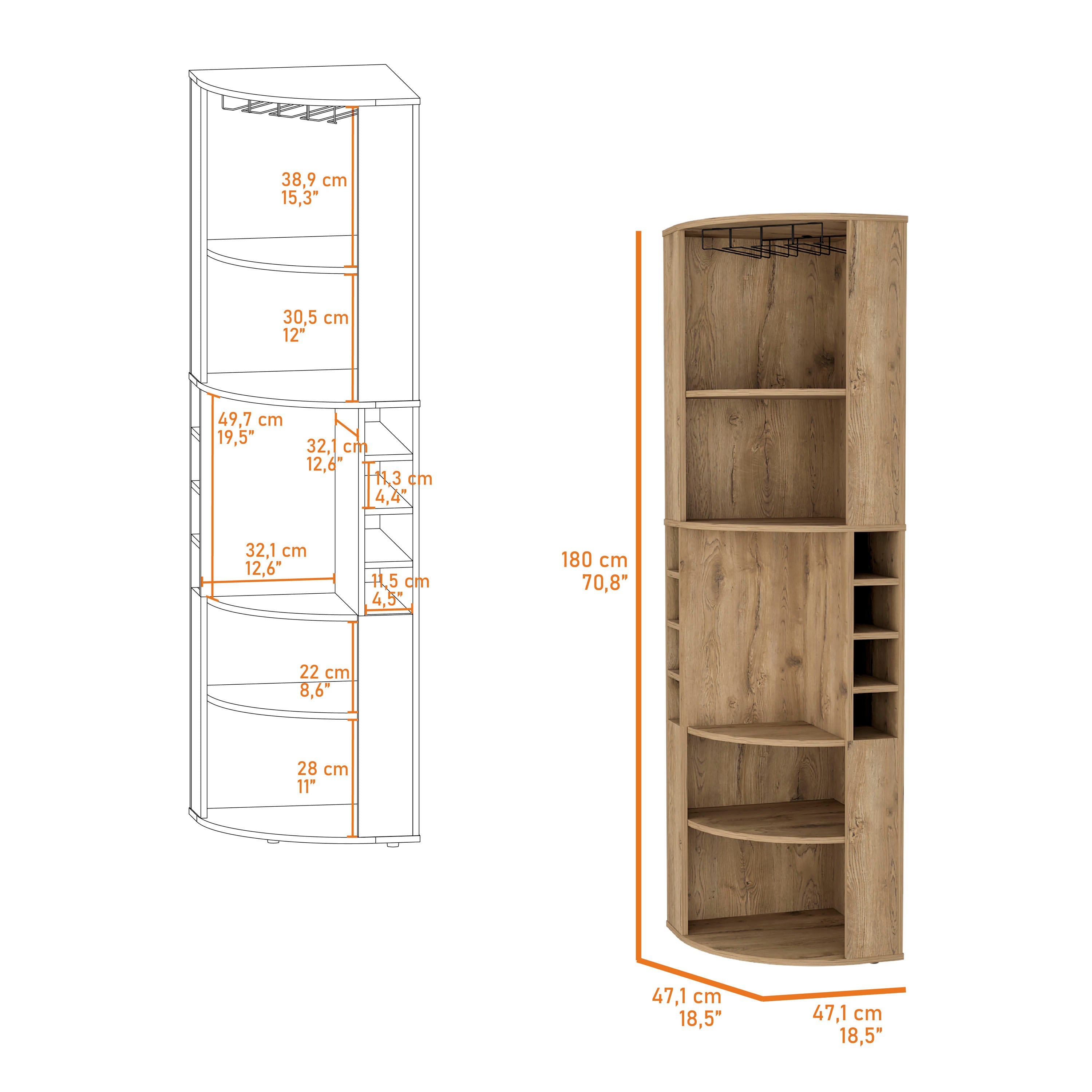 FM FURNITURE Clifton Corner Bar Cabinet, with 5 shelves,Cup Hanger and Eight Built-in Wine Rack,Macadamia