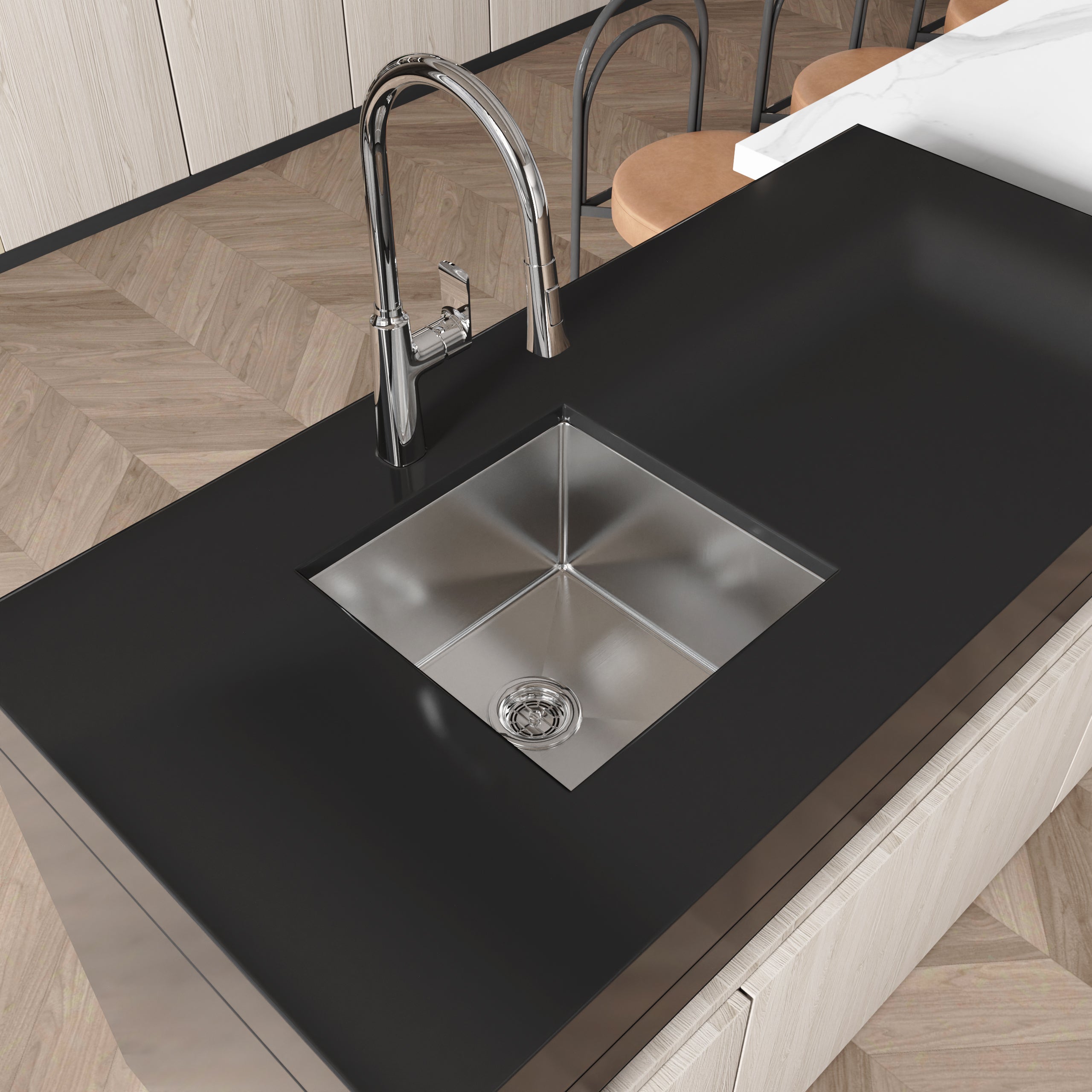 Stainless Steel Kitchen Sink, 18″x18″ Single Bowl, Undermount HandmadeSink in Brushed Nickel, with US Standard Drain and Hook, LS-SSBR07