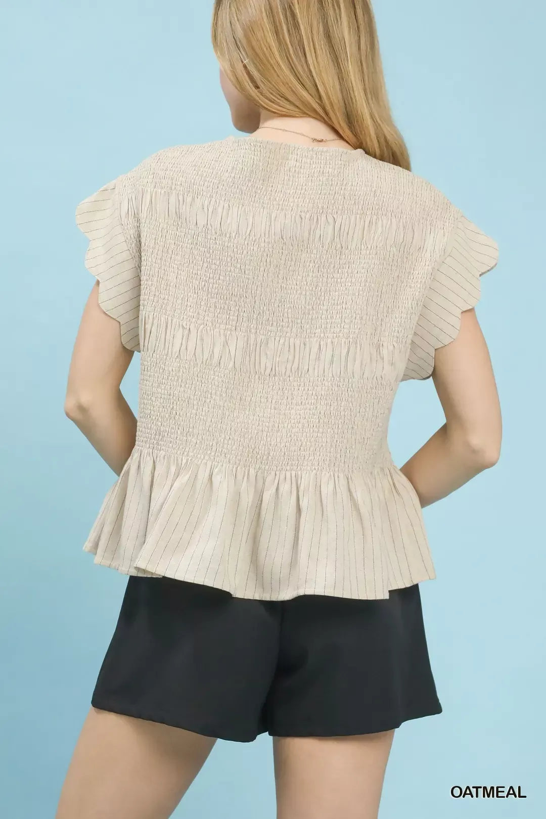 Umgee Pinstripe Smocked Peplum Top