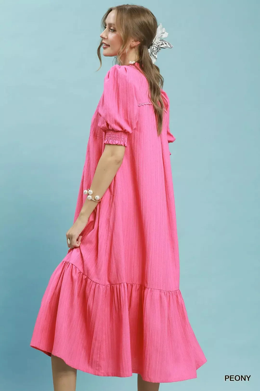 Umgee Textured Puff Sleeve Midi Dress