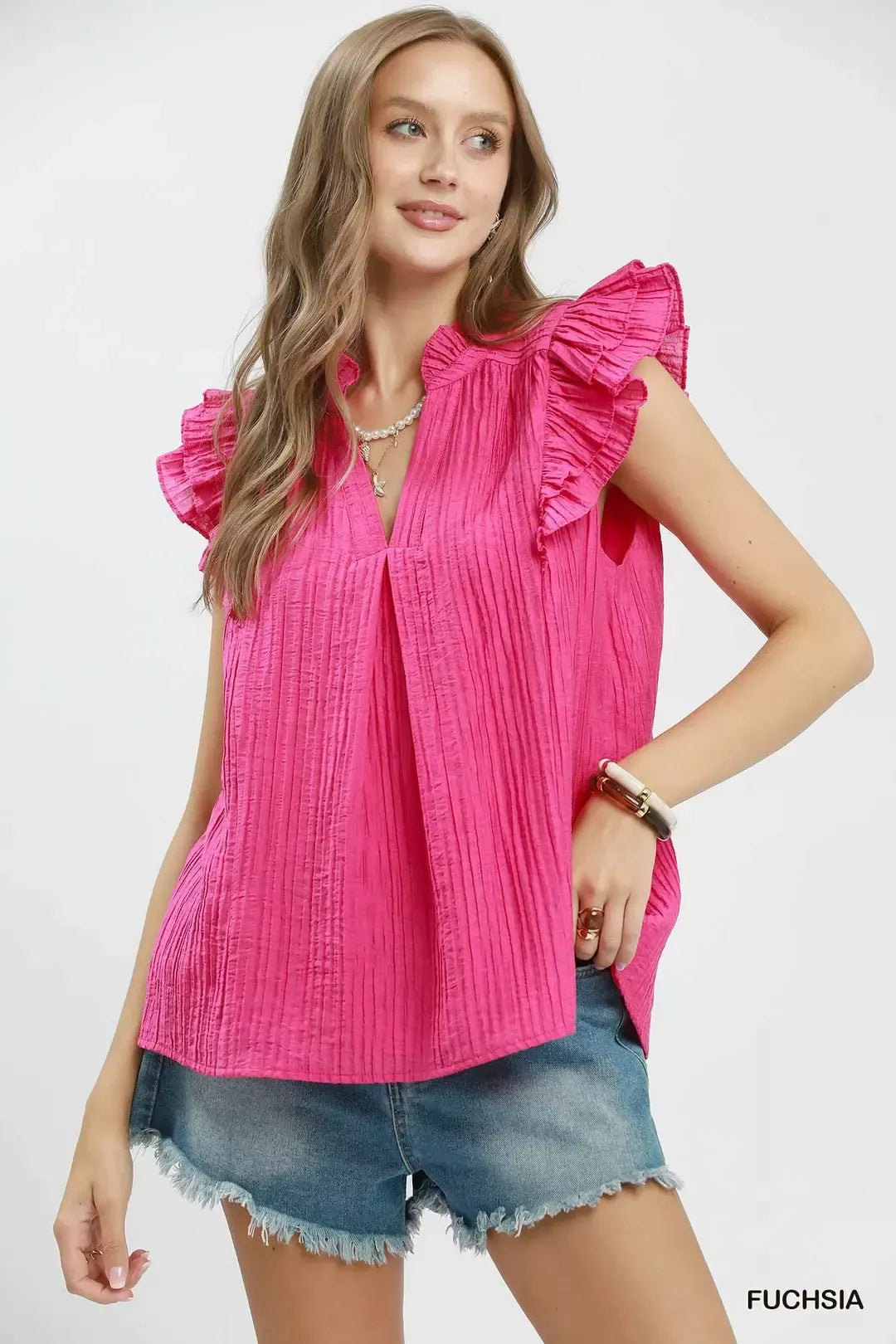 Umgee Textured Ruffle Sleeve Split V Neck Top