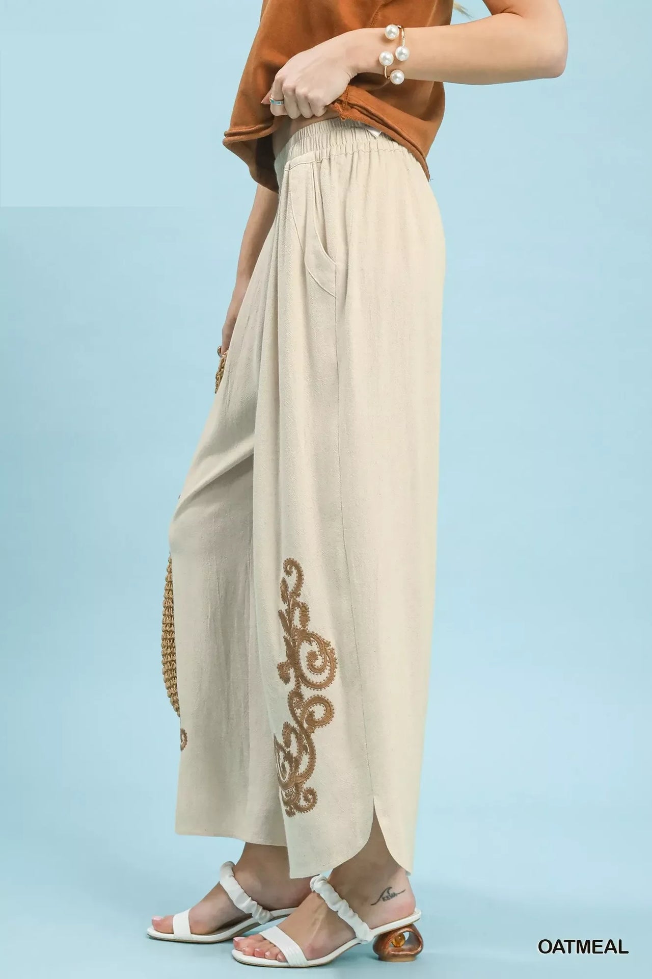Umgee Linen Embroidered Wide-Leg Boho Pants