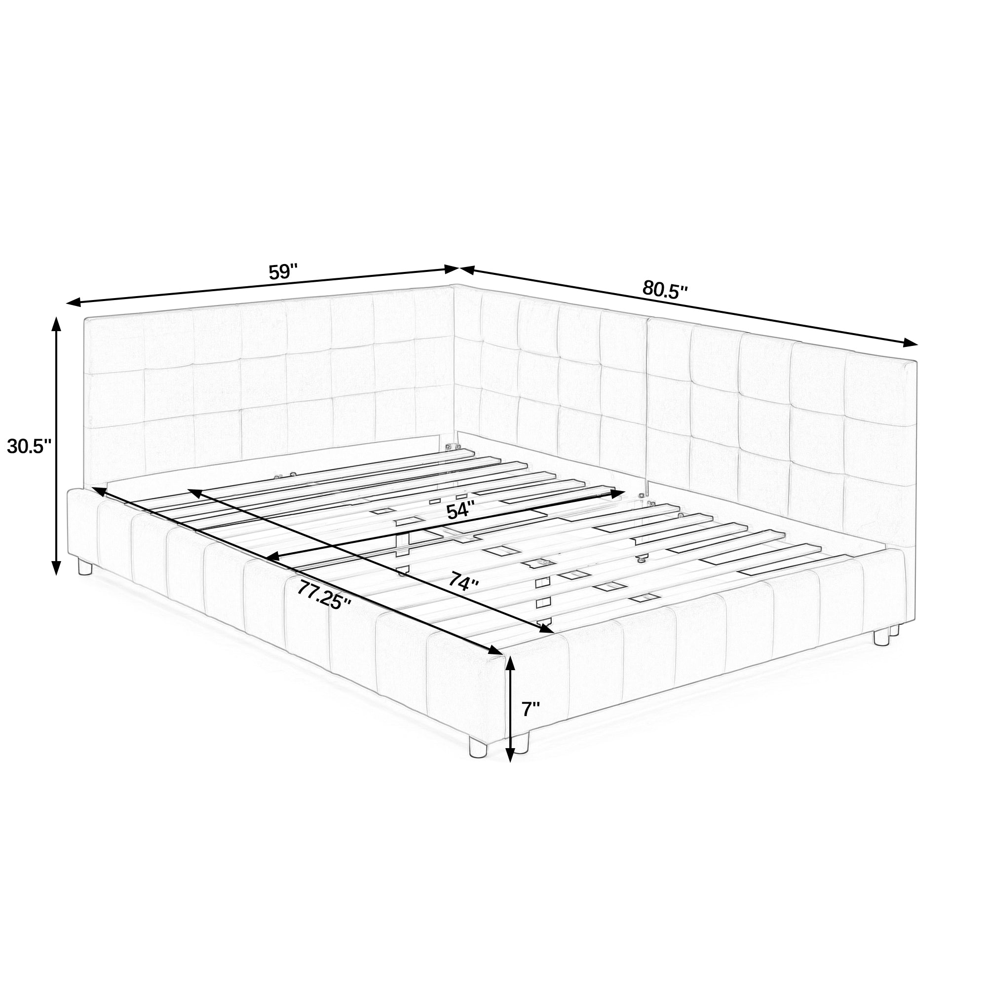 Velvet Grey Full Size Upholstered Tufted Bed Frame with Backrest and Armrests, 80.5''*59''*30.5''