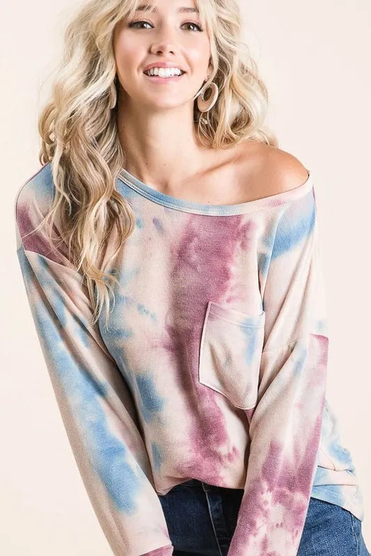 BiBi Tie Dye Print Terry Top With Front Patch Pocket