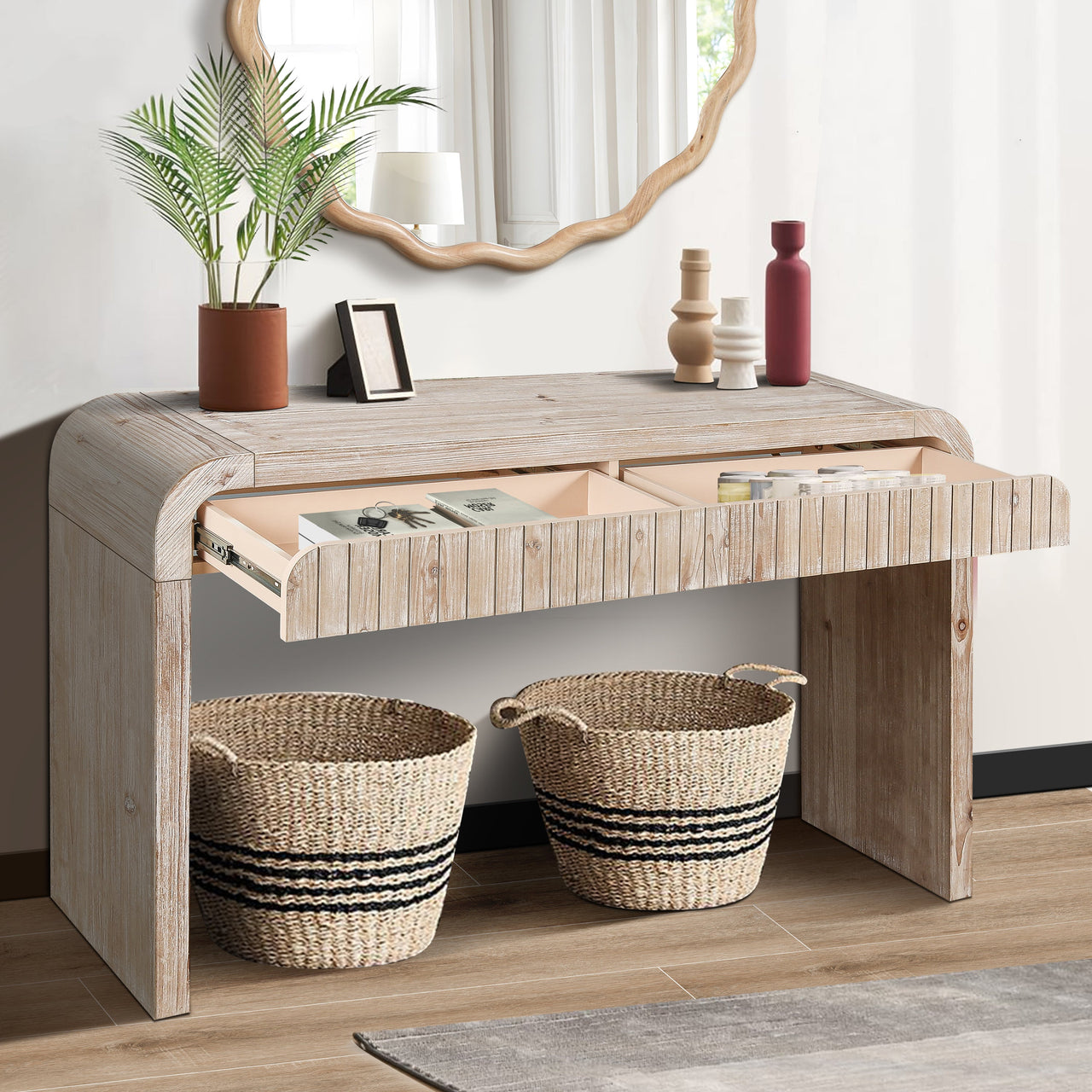 59'' Vintage Crafted Entryway Table,Two Hidden Handle Drawers,Farmhouse Console Table ,Easy Assembly,for Entrance & Dinning Room & Living Room & Hallway (Natural Wood)