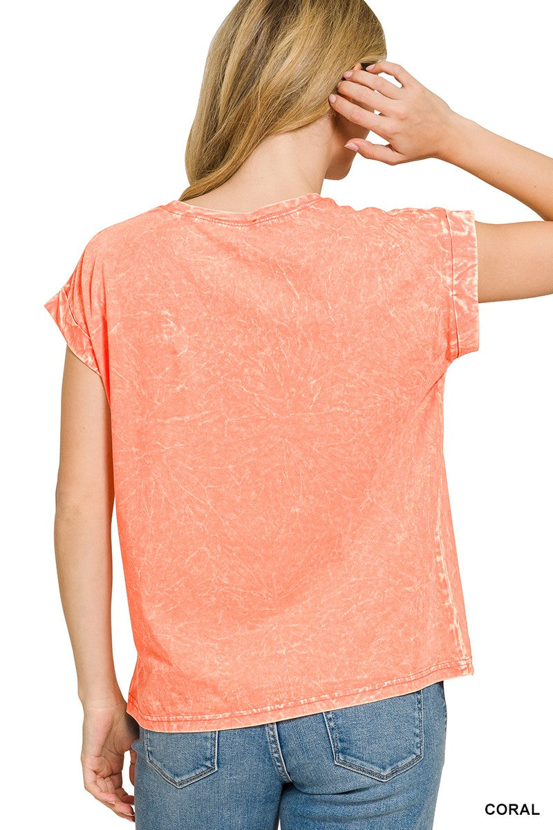 Zenana Crinkle Washed Round Neck Folded Short Sleeve Tee