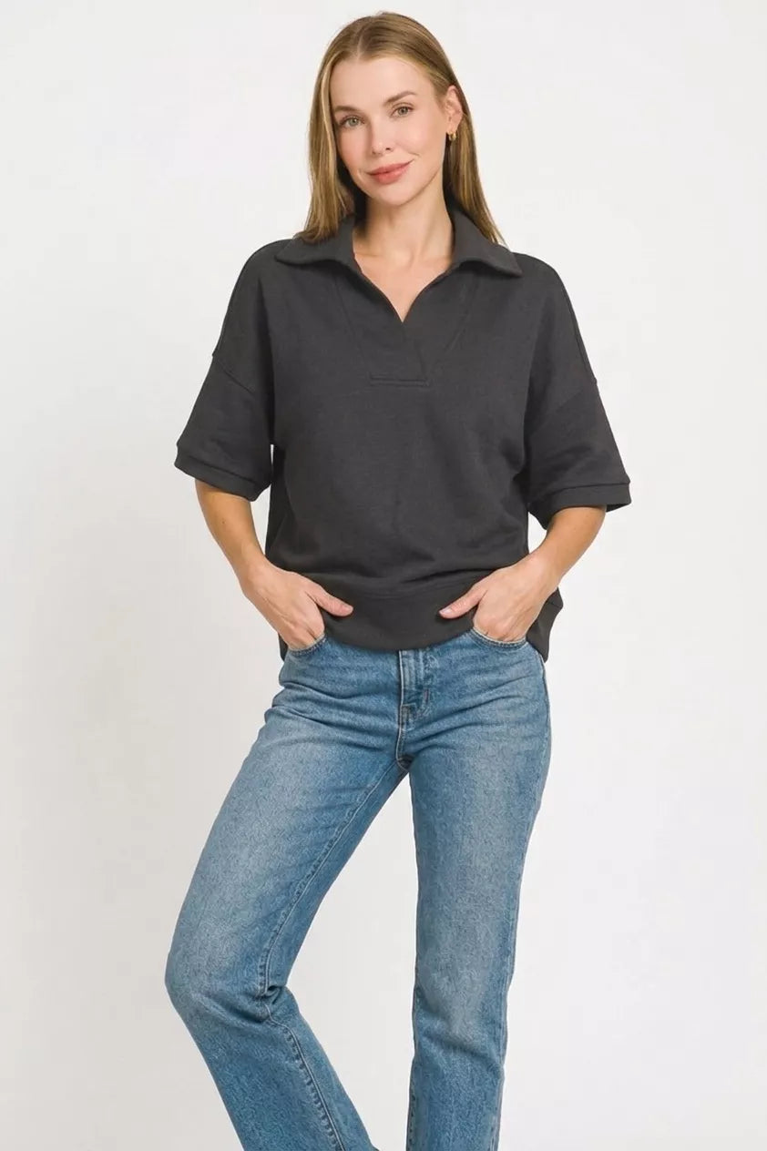 Zenana Scuba Collared Short Sleeve Pullover