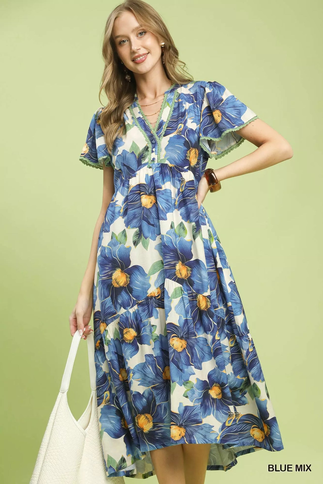 Umgee Tropical Floral V-Neck Flutter Sleeve Tiered Midi Dress