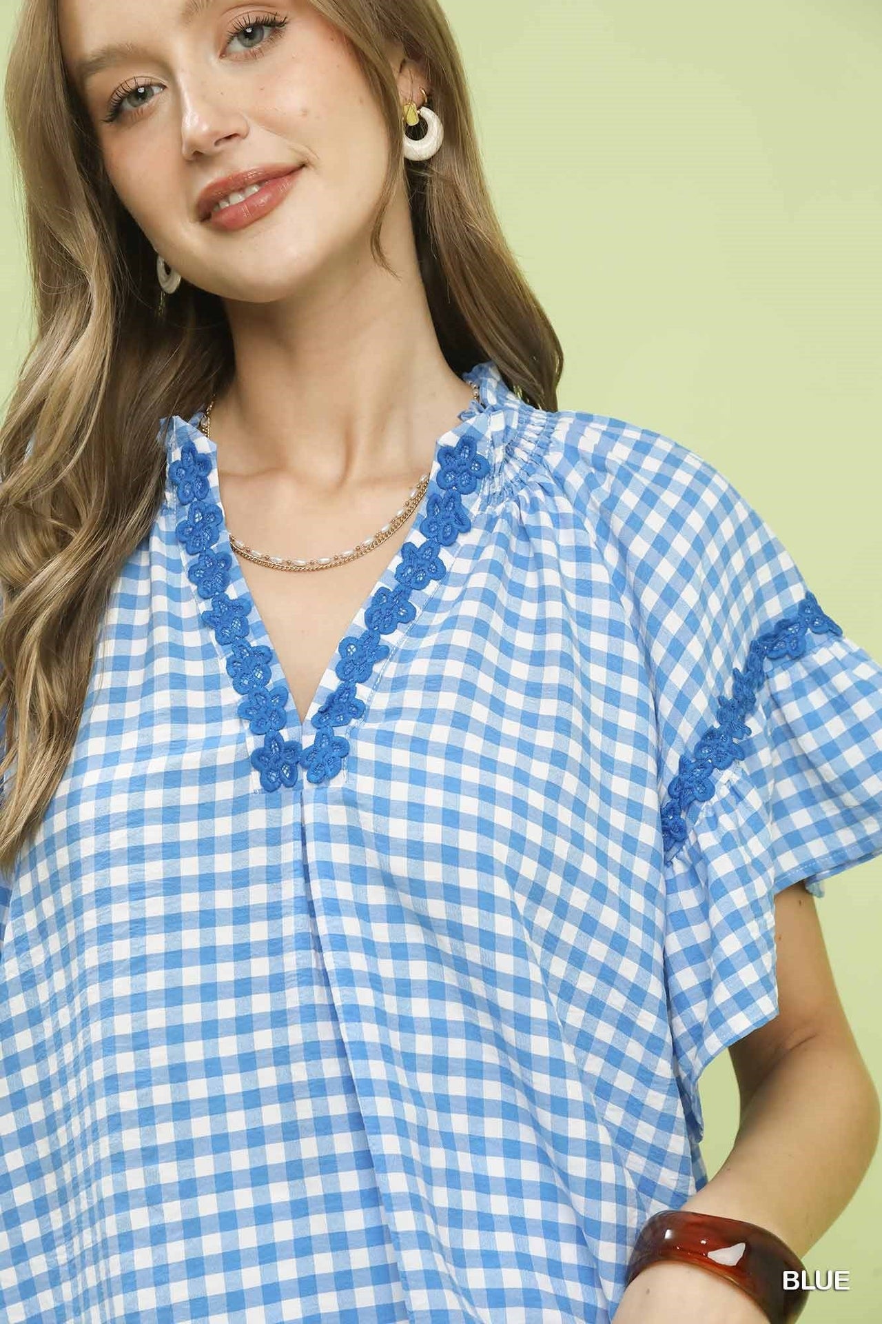 Umgee Gingham Lace Trim Top