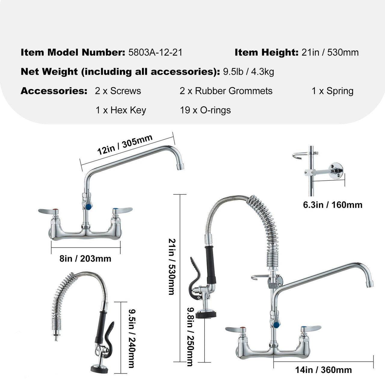 Commercial Faucet with Pre-Rinse Sprayer, 21' Height, 8' Center, 12' Swing Spout, Wall Mount Kitchen Sink Faucet, Brass Constructed Device with Pull Down Spray, for 1/2/3 Compartment Sink
