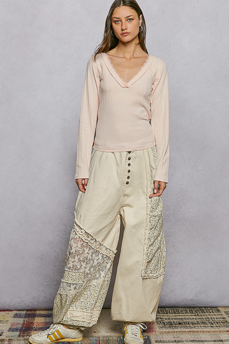 POL V-Neck Long Sleeve Ribbed Top with Lace-Accent Neckband