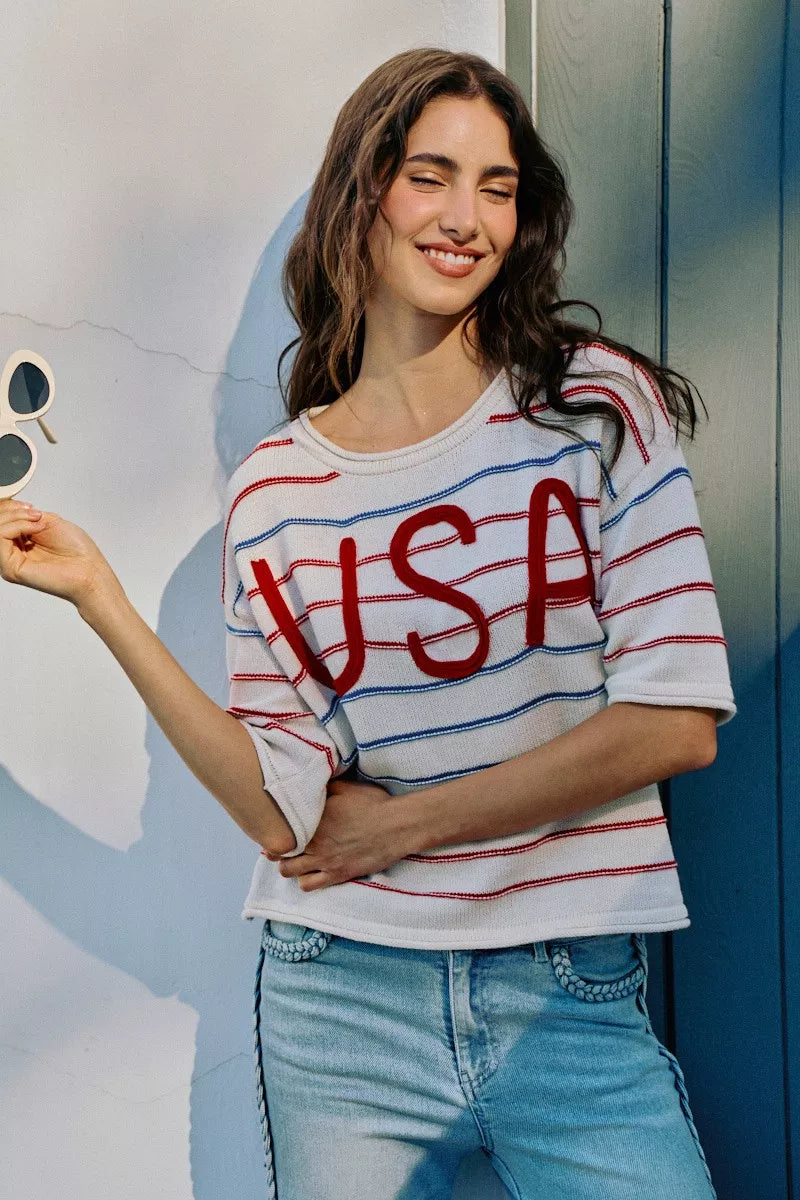 SO ME Usa Stripe Knit Short Sleeves Sweater Top