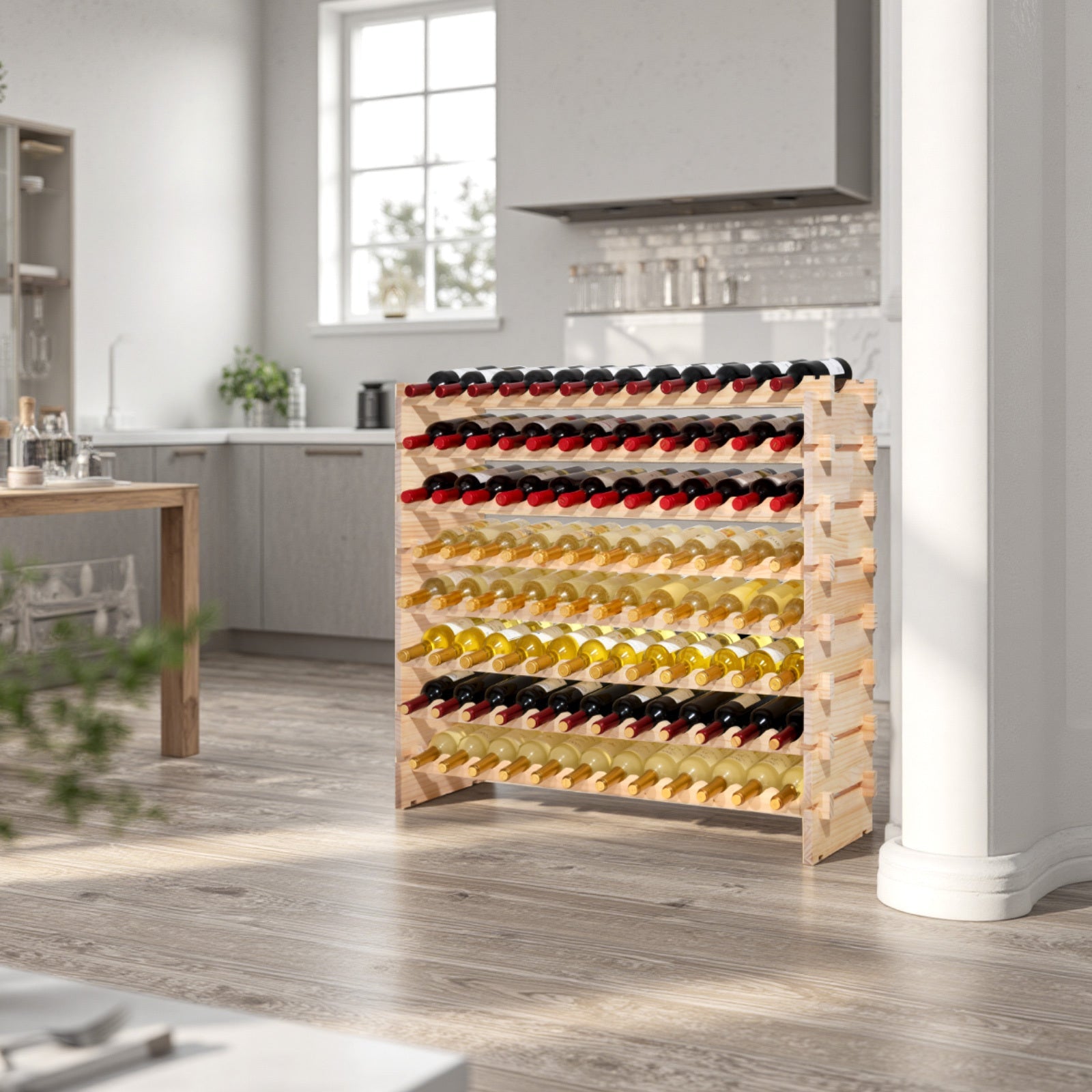 96 Bottle Stackable Modular Wine Rack, 8-Tier Wine Bottle Holder,Solid Wood Floor Freestanding Wine Storage Rack For Pinot Noir bottles,For Kitchen, Cellar, and Bar, Natural