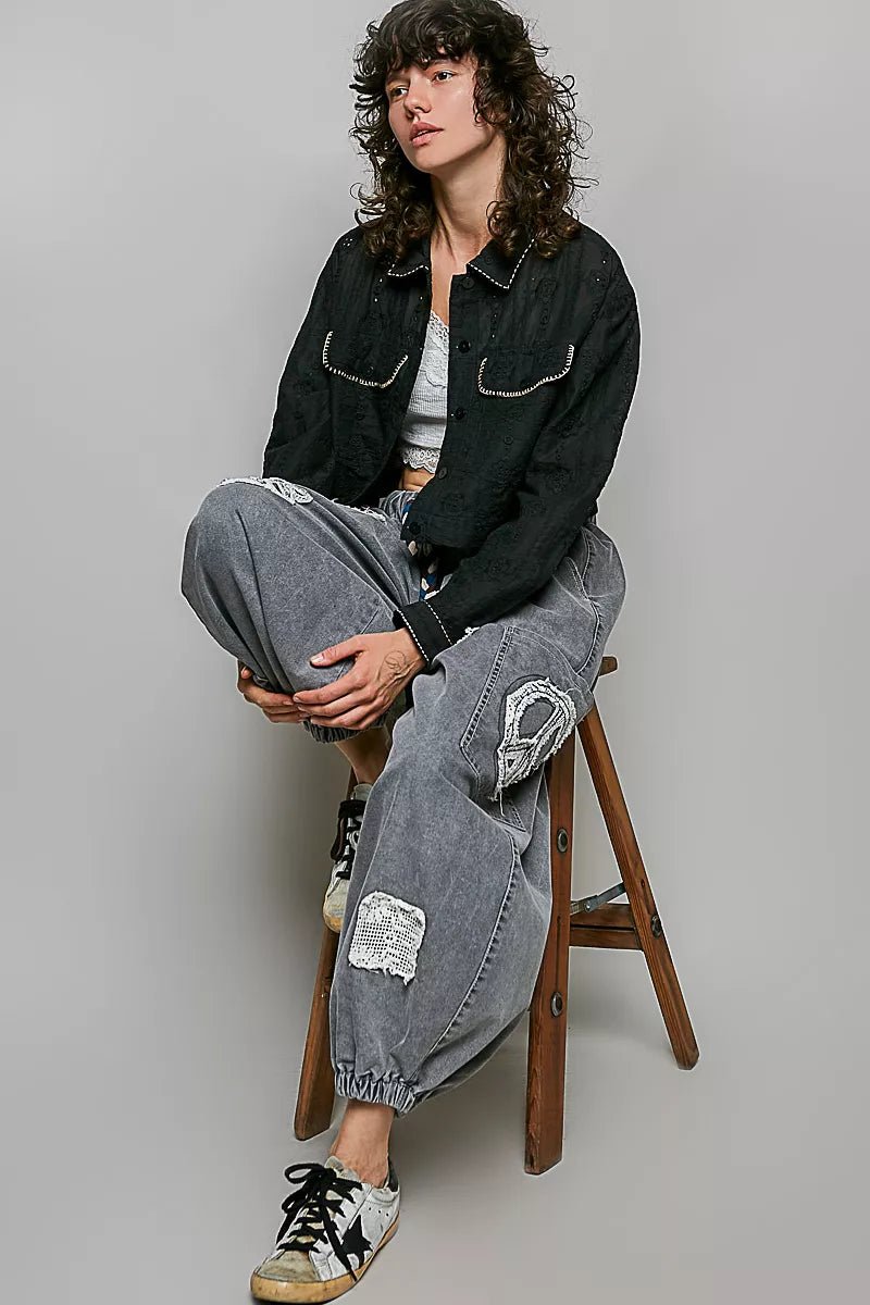POL Cropped Button-Front Eyelet Cotton Jacket