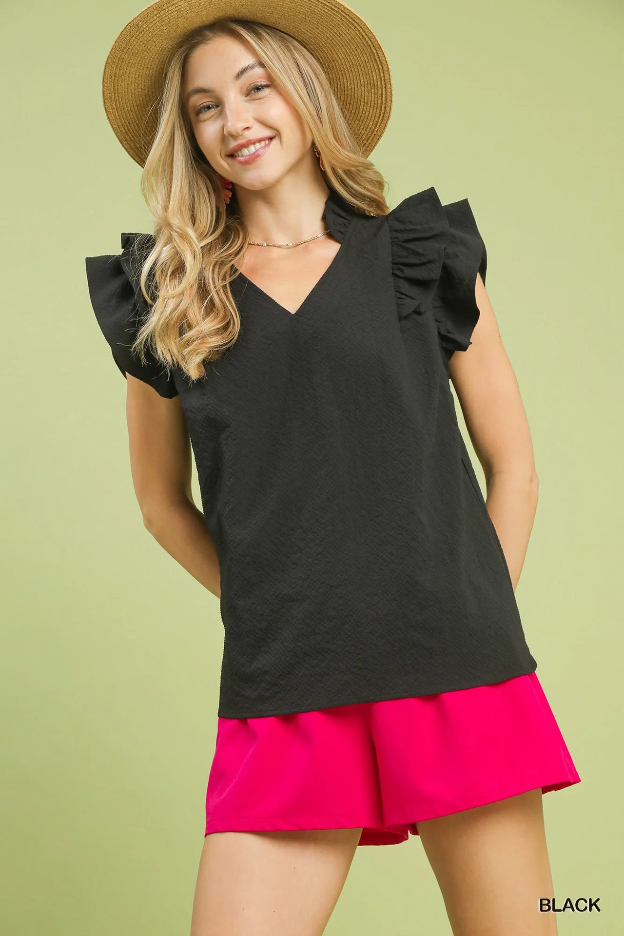 Umgee Textured Ruffle Sleeve V-Neck Blouse