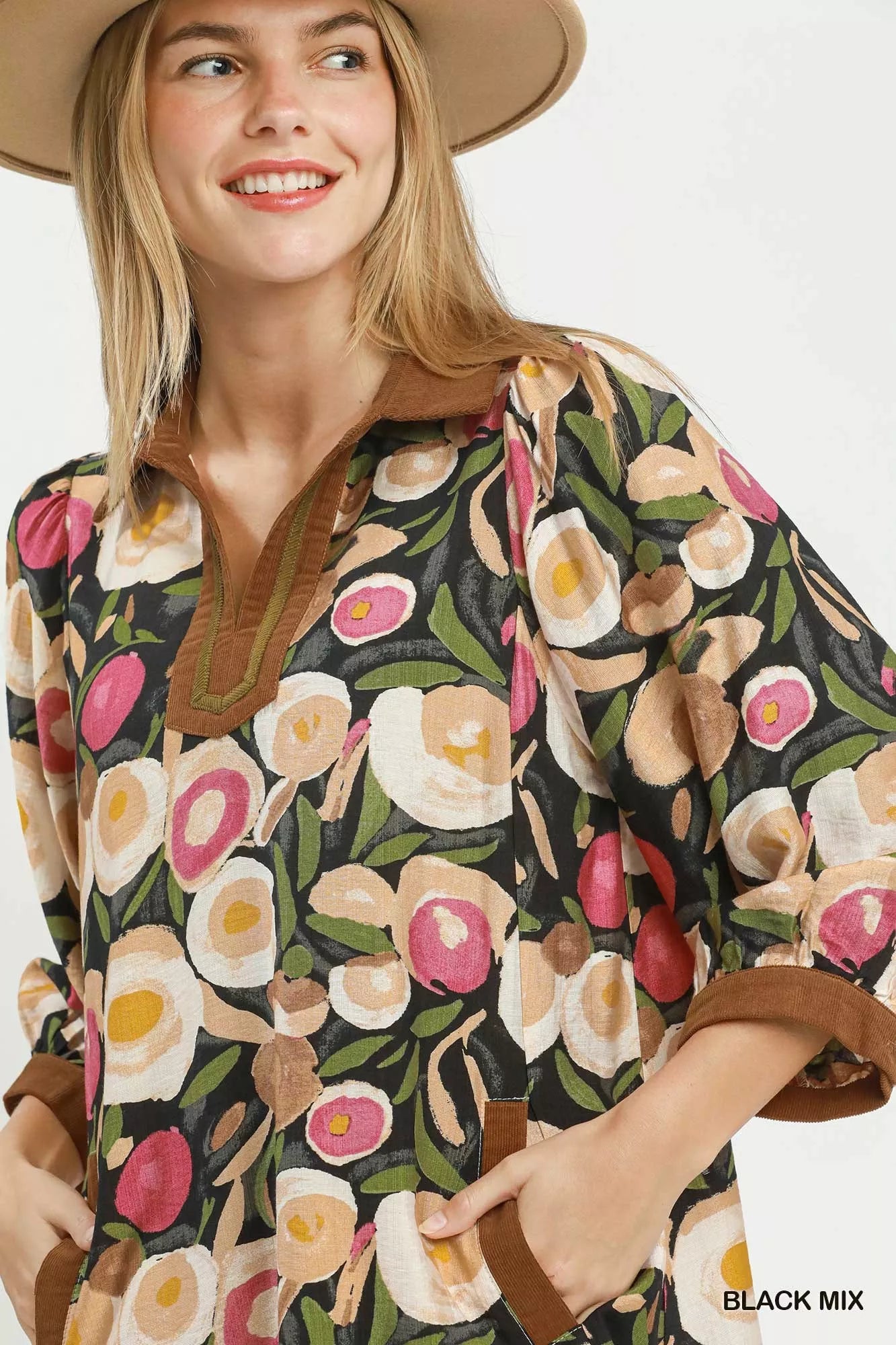 Umgee Mix Floral Contrast Trim Shift Mini Dress