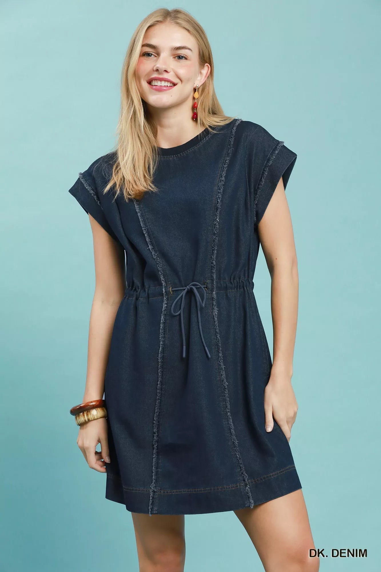 Umgee Drawstring Waist Frayed Denim Mini Dress
