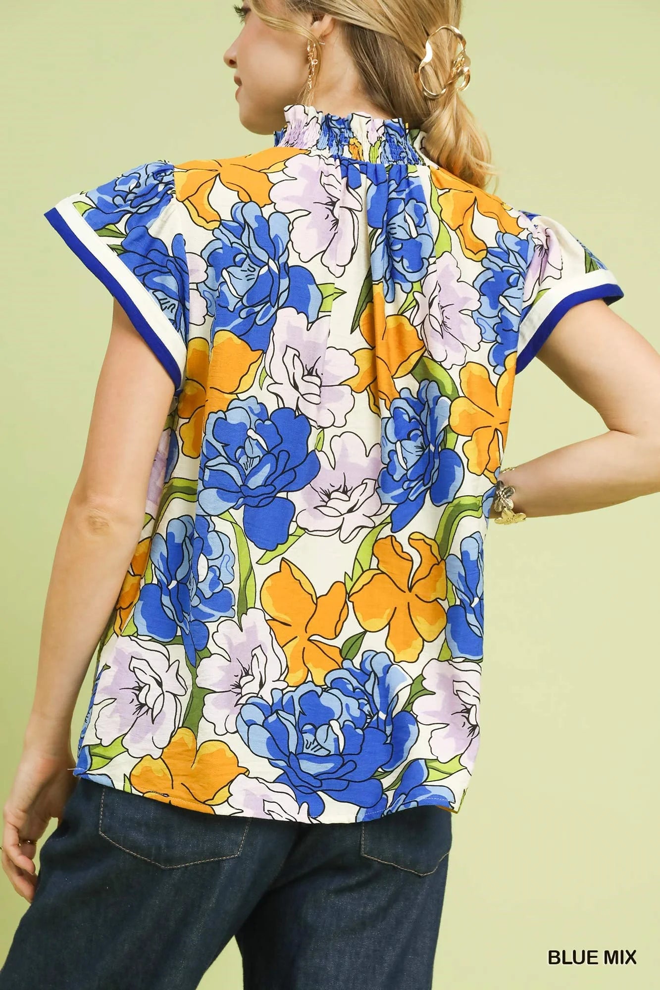 Umgee Floral Print Blouse with Contrast Trim