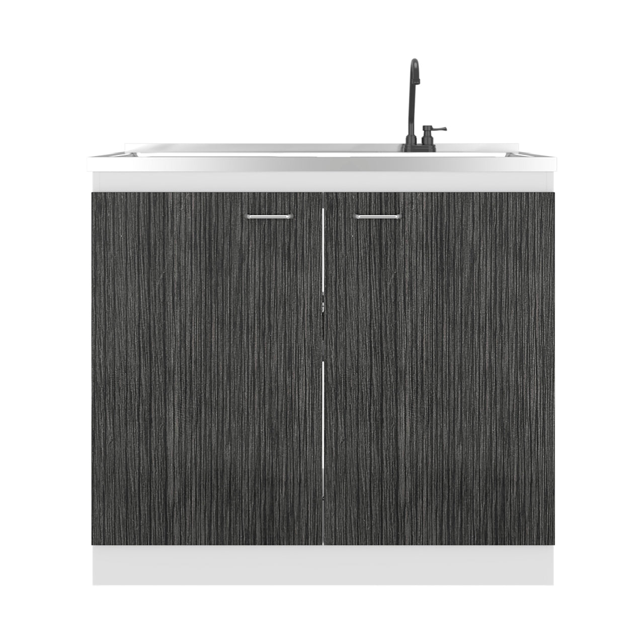 Napoles Utility Sink with Faucet Inclued and Integrated Stainless Steel Counter top, Freestanding cabinet with two doors, Metal Handles and Two interior shelves, Gray+White