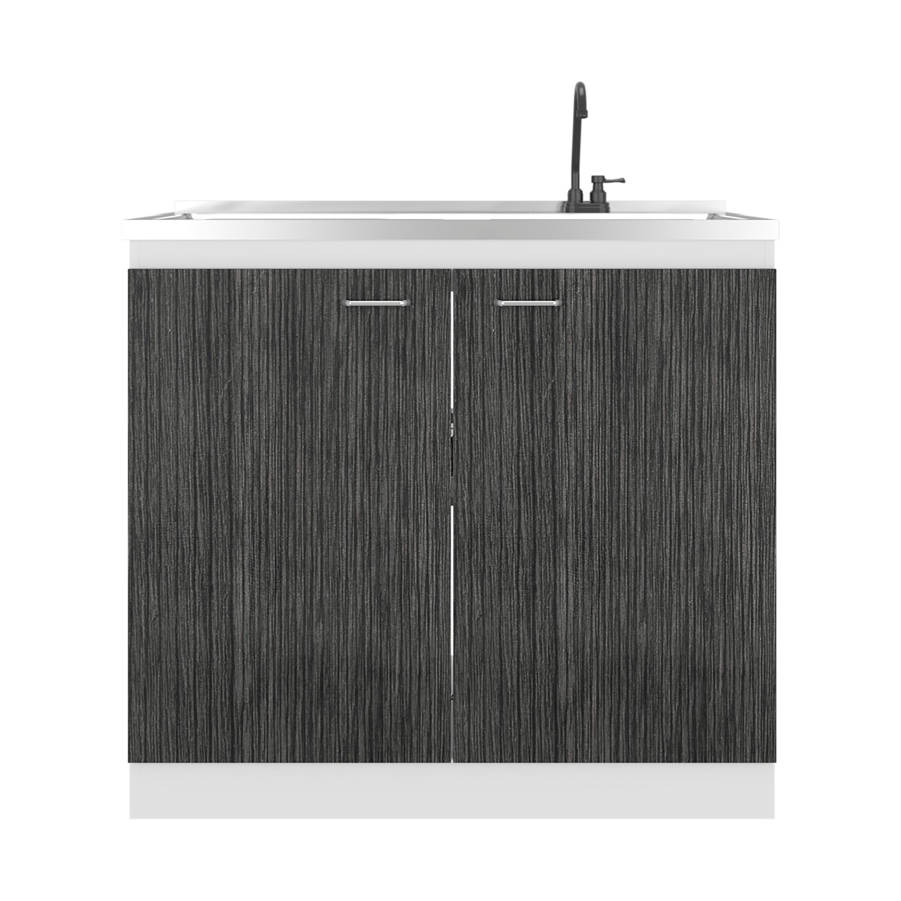 Napoles Utility Sink with Faucet Inclued and Integrated Stainless Steel Counter top, Freestanding cabinet with two doors, Metal Handles and Two interior shelves, Gray+White