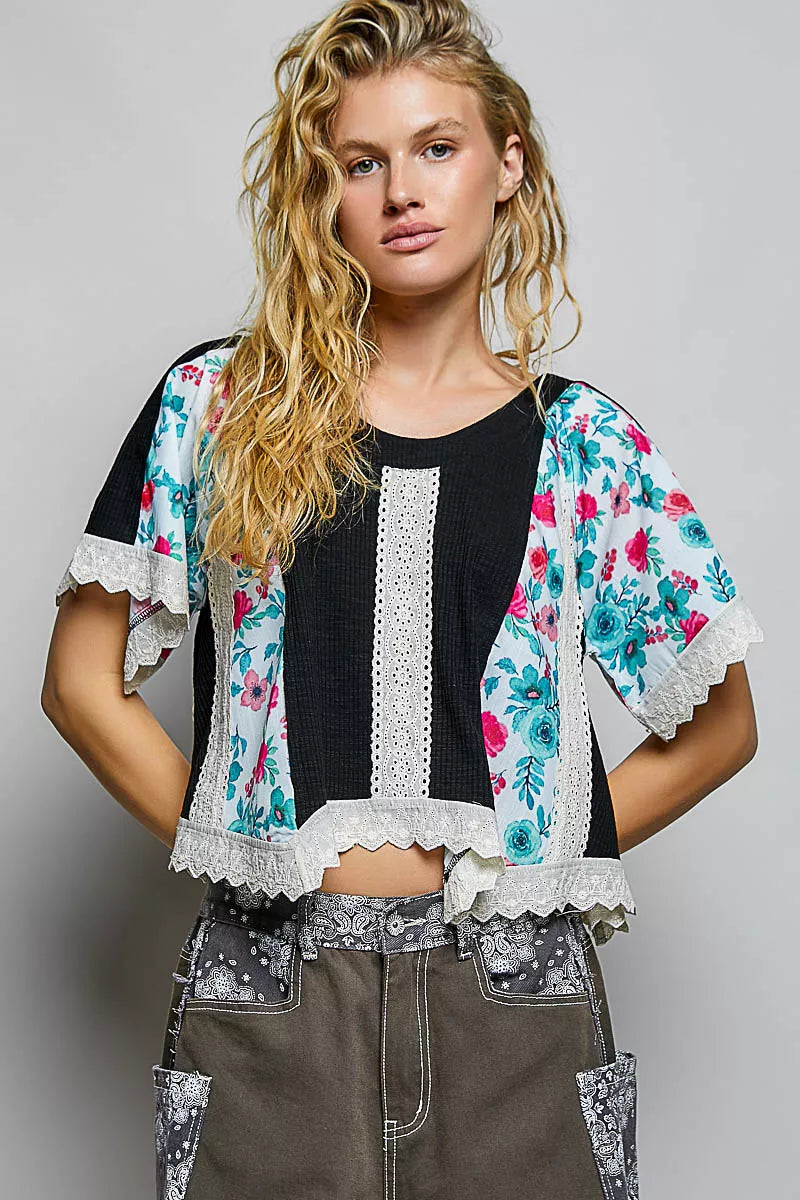 POL Round Neck Ribbed Cropped Top with Lace Detail