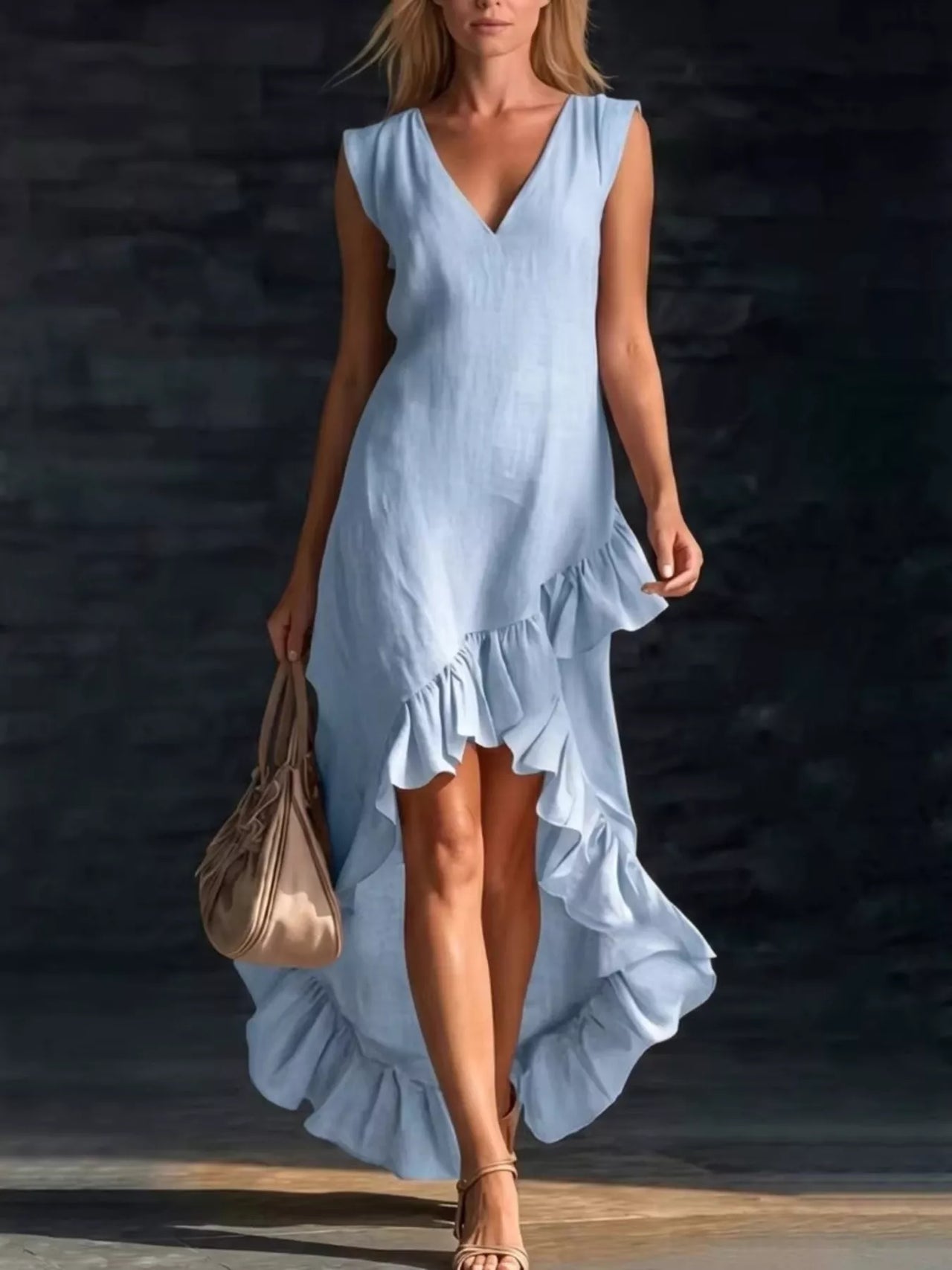 Full Size V-Neck Ruffle Hem High-Low Dress Plus Size