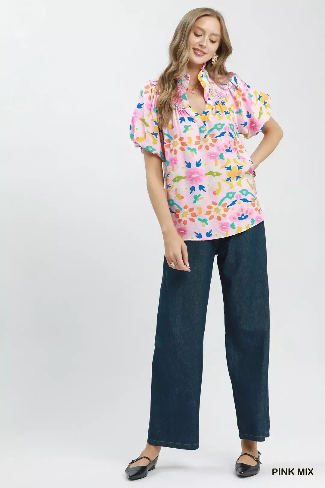 Umgee Folk Art Print Top with Smocked Detail